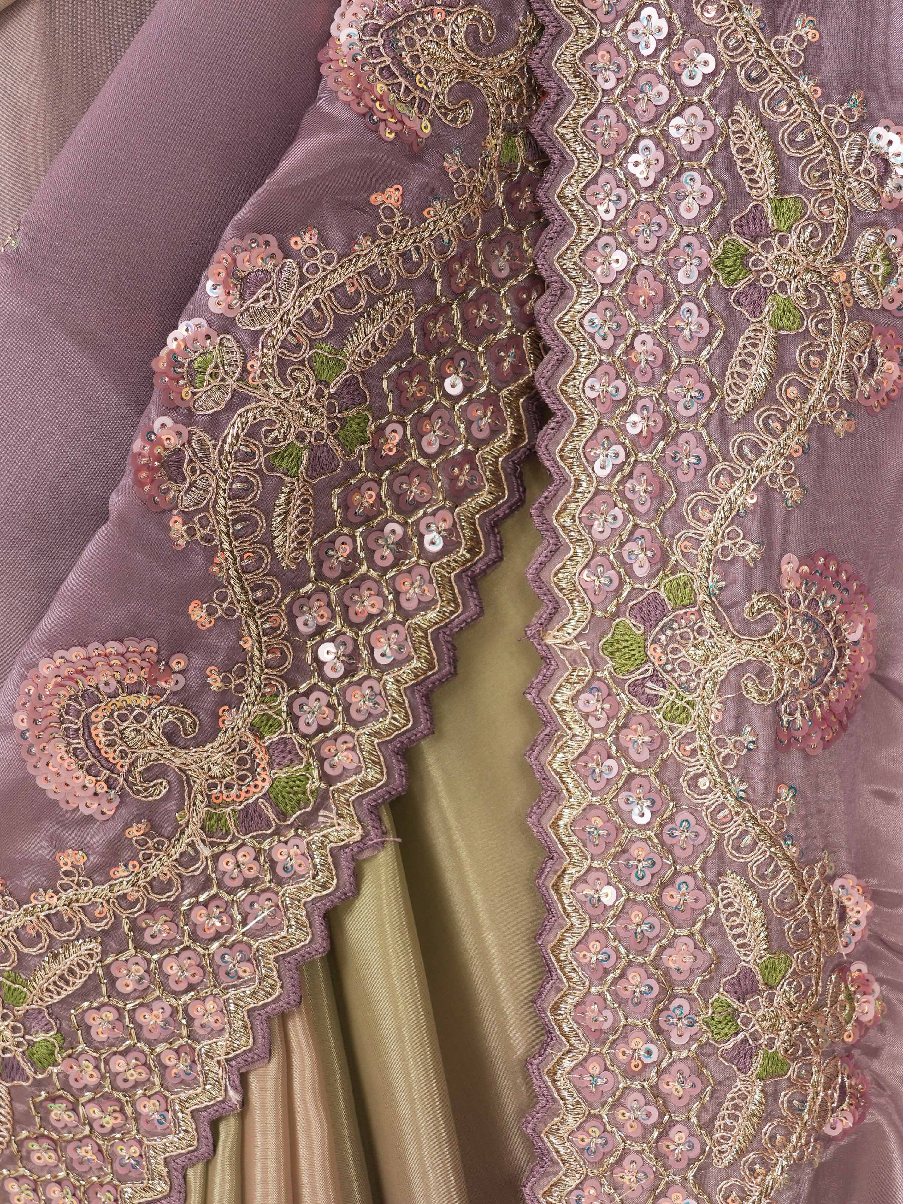 Women's Lavender Organza Embroidered Saree With Unstitched Blouse Piece
