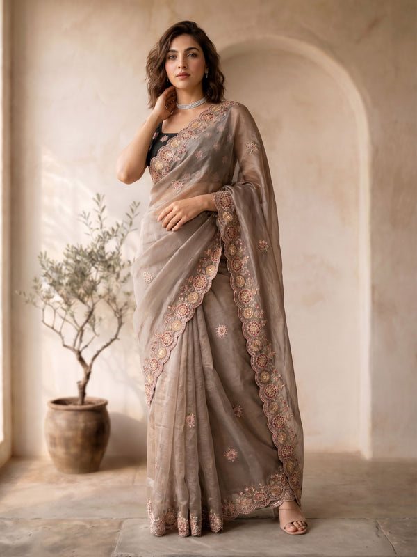Copper organza saree with floral embroidery and sequin border