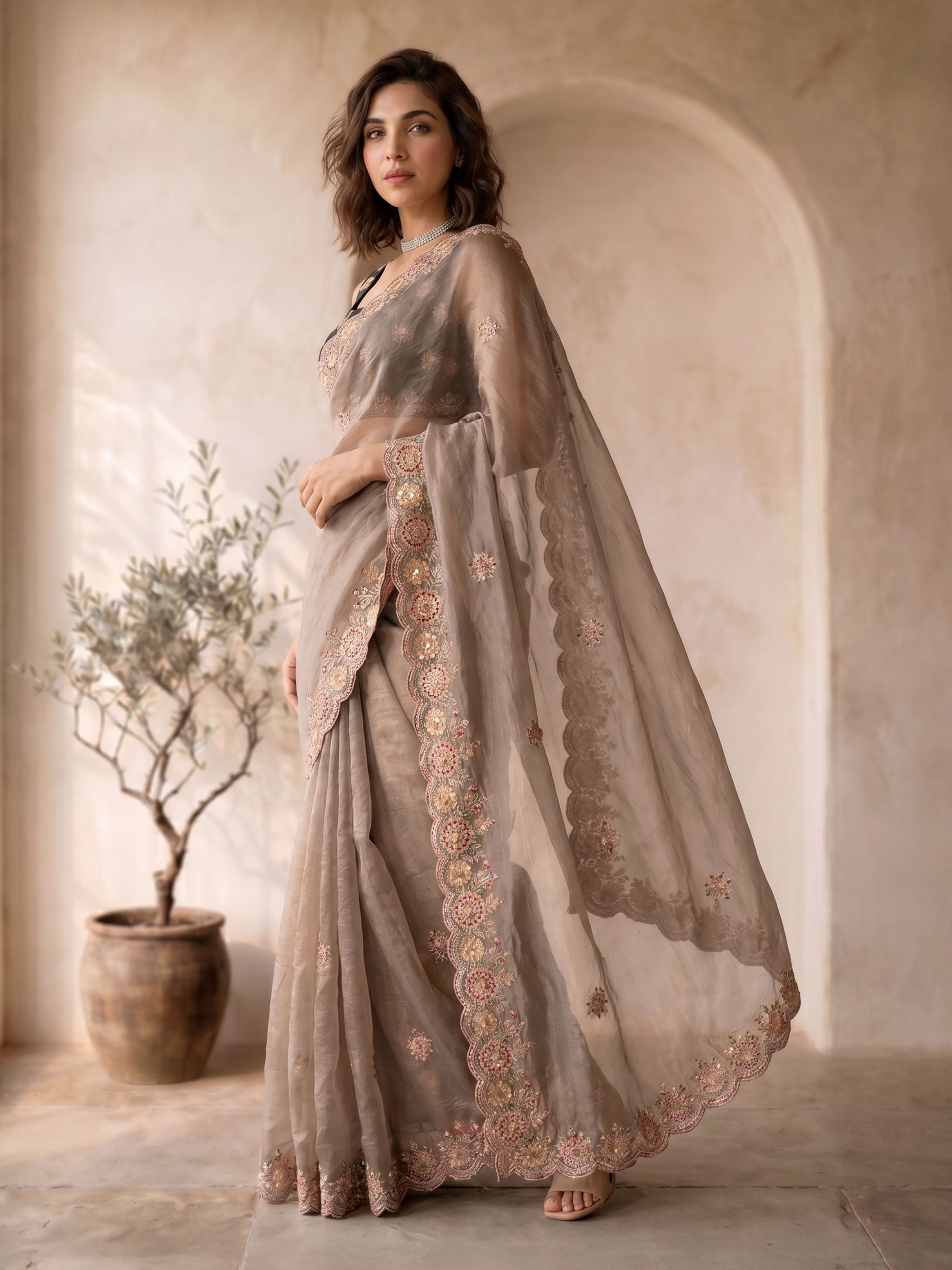 Women's Copper Organza Embroidered Saree With Unstitched Blouse Piece