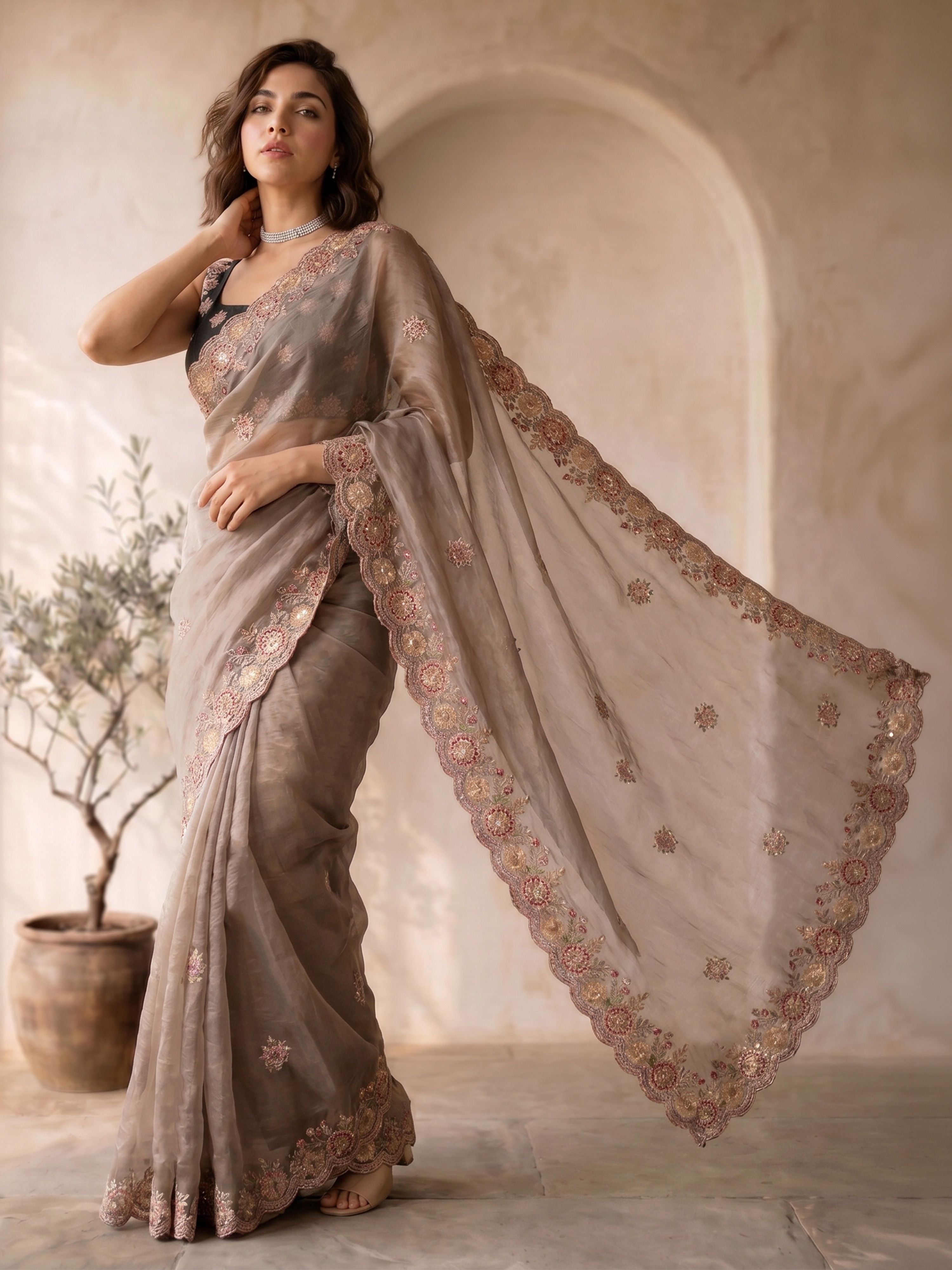 Women's Copper Organza Embroidered Saree With Unstitched Blouse Piece