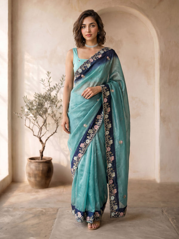 Blue Organza Embroidered Floral Saree with Blouse Piece