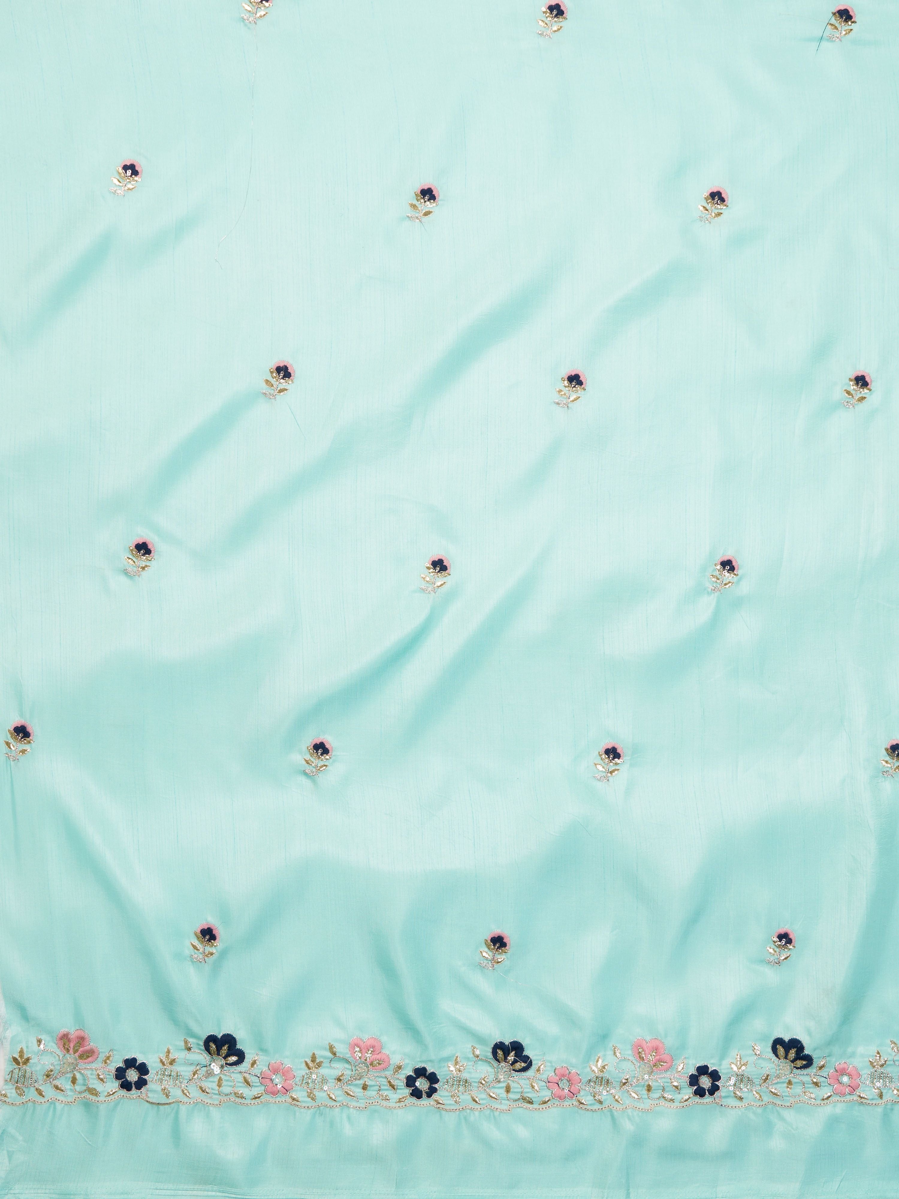 Women's Blue Organza Embroidered Saree With Unstitched Blouse Piece