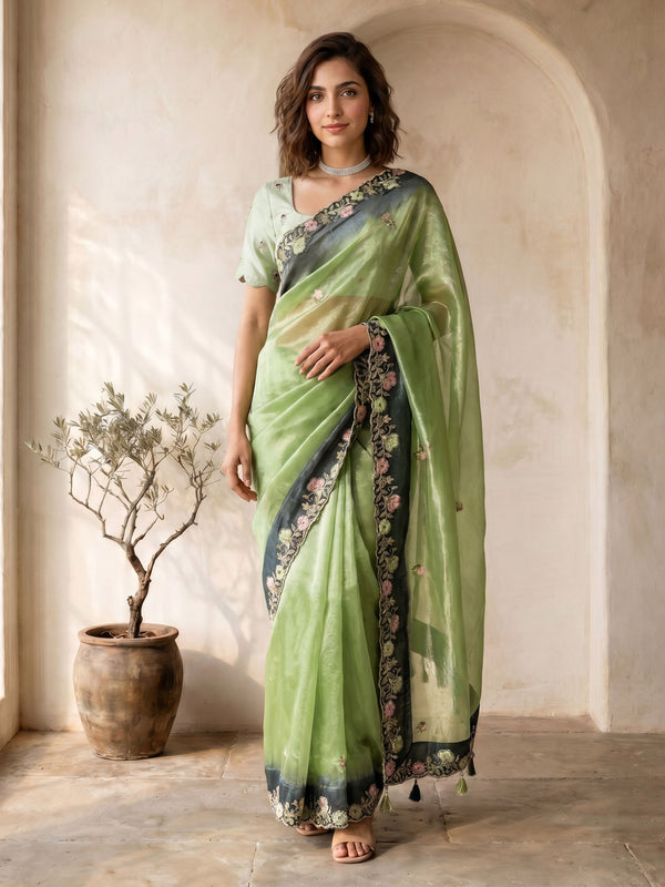 Green Organza Saree with Floral Thread Embroidery & Tassels