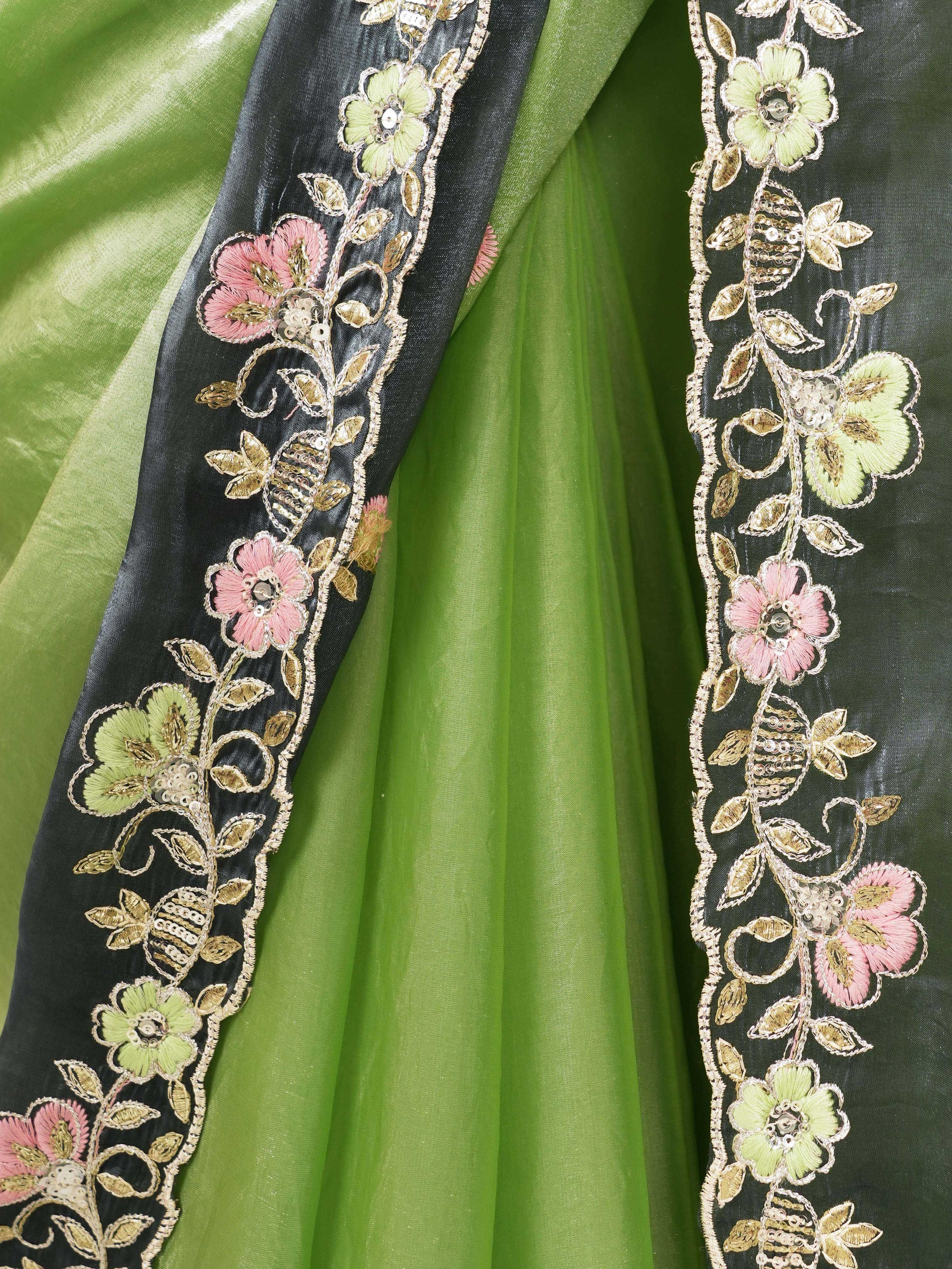 Women's Green Organza Embroidered Saree With Unstitched Blouse Piece