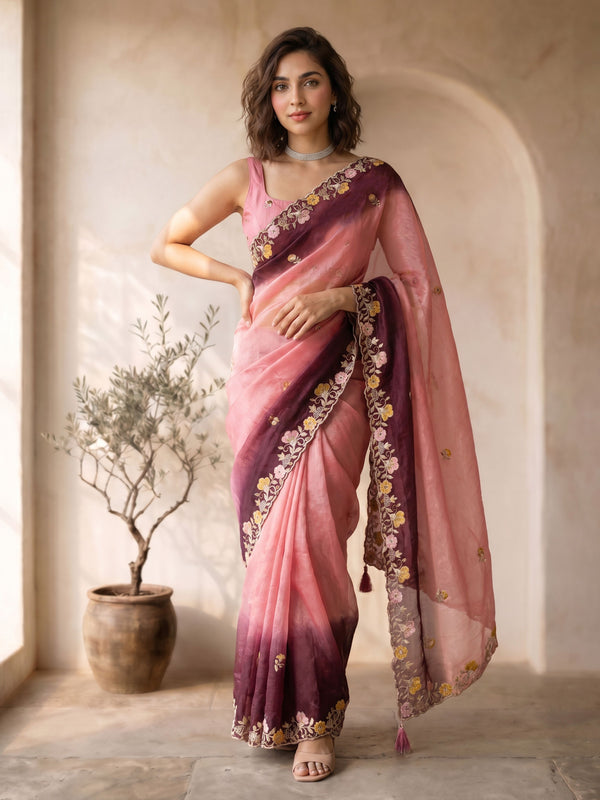 Pink Ombre Organza Saree with Floral Embroidery Border