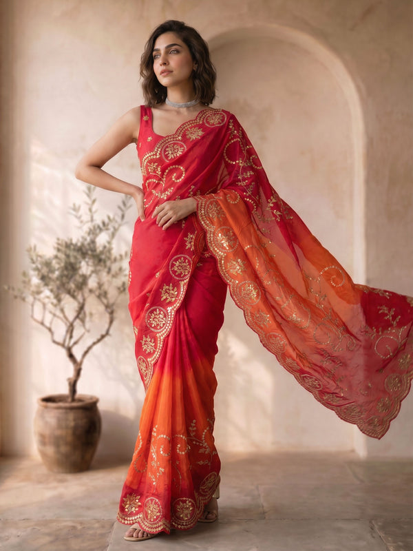 Red Poly Silk Ombre Saree with Zari Embroidery Border