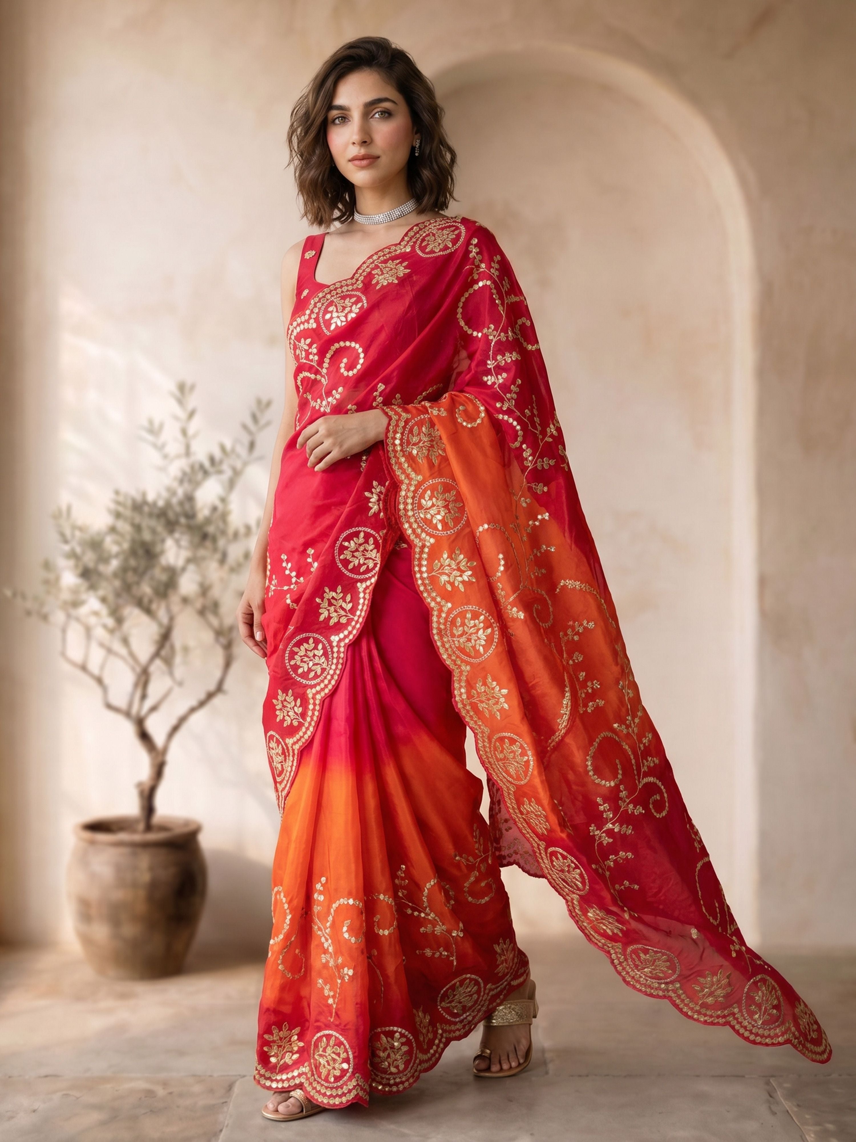 Women's Red Synthetic Embroidered Saree With Unstitched Blouse Piece