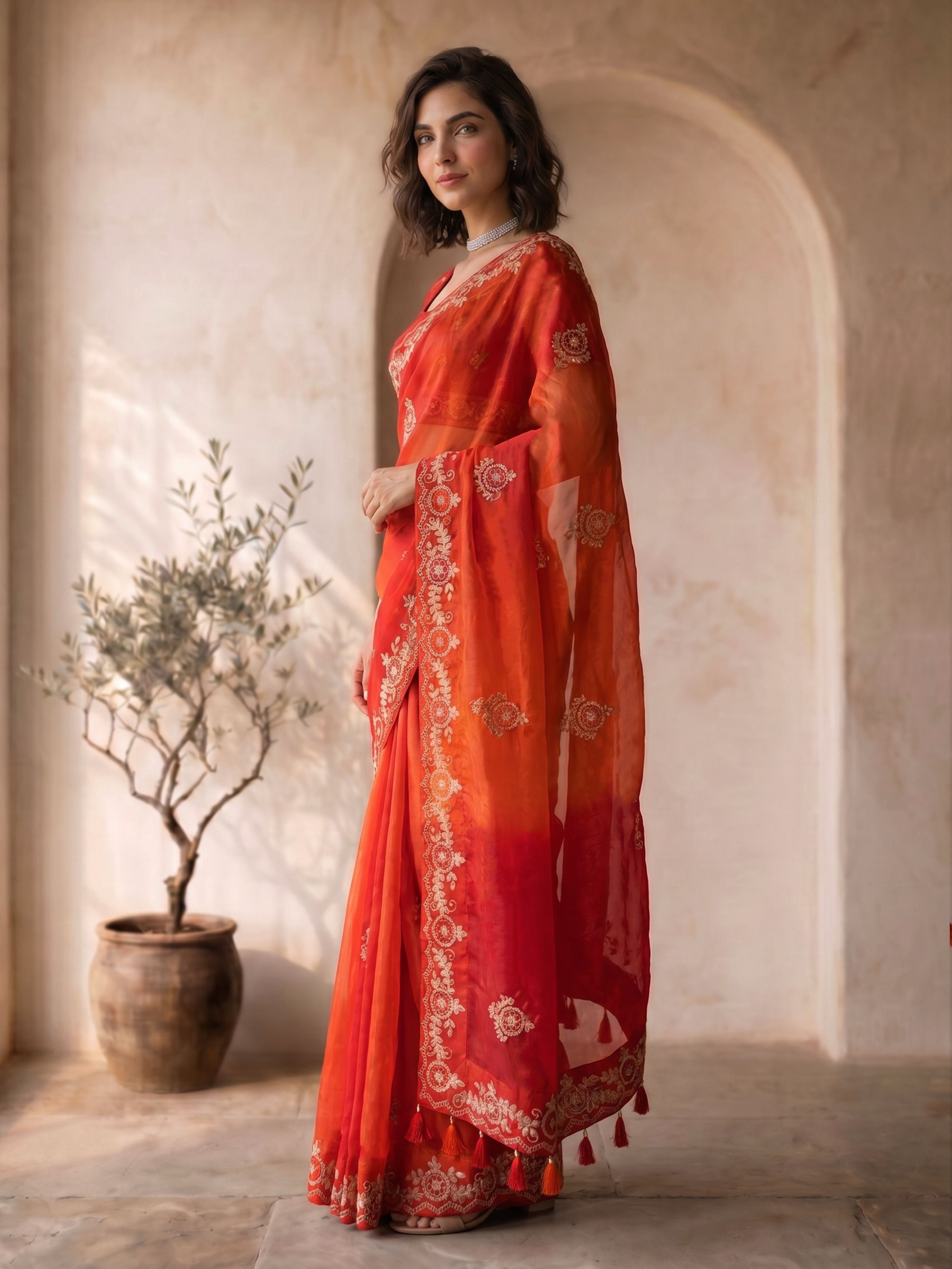 Women's Red Silk-Blend Embroidered Saree With Unstitched Blouse Piece