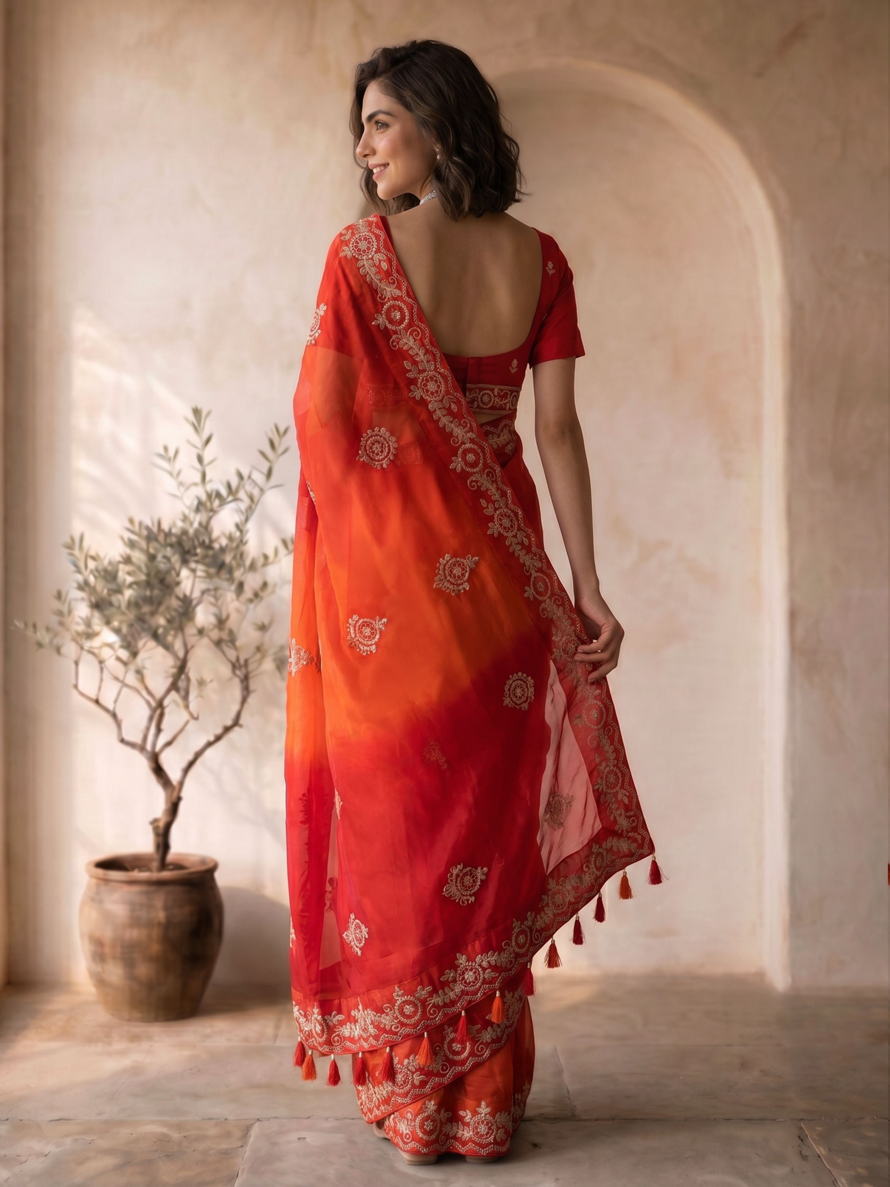 Women's Red Silk-Blend Embroidered Saree With Unstitched Blouse Piece