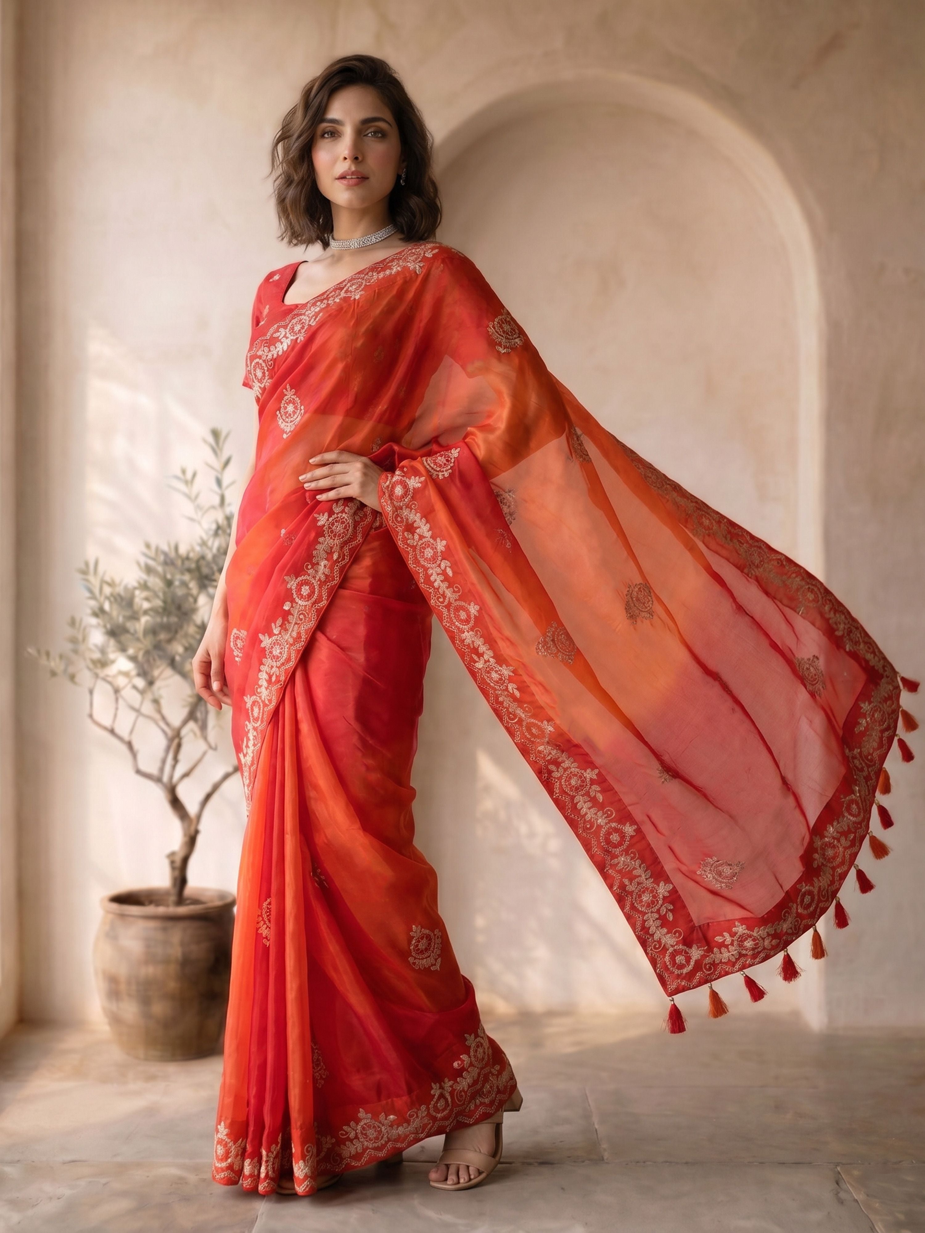 Women's Red Silk-Blend Embroidered Saree With Unstitched Blouse Piece