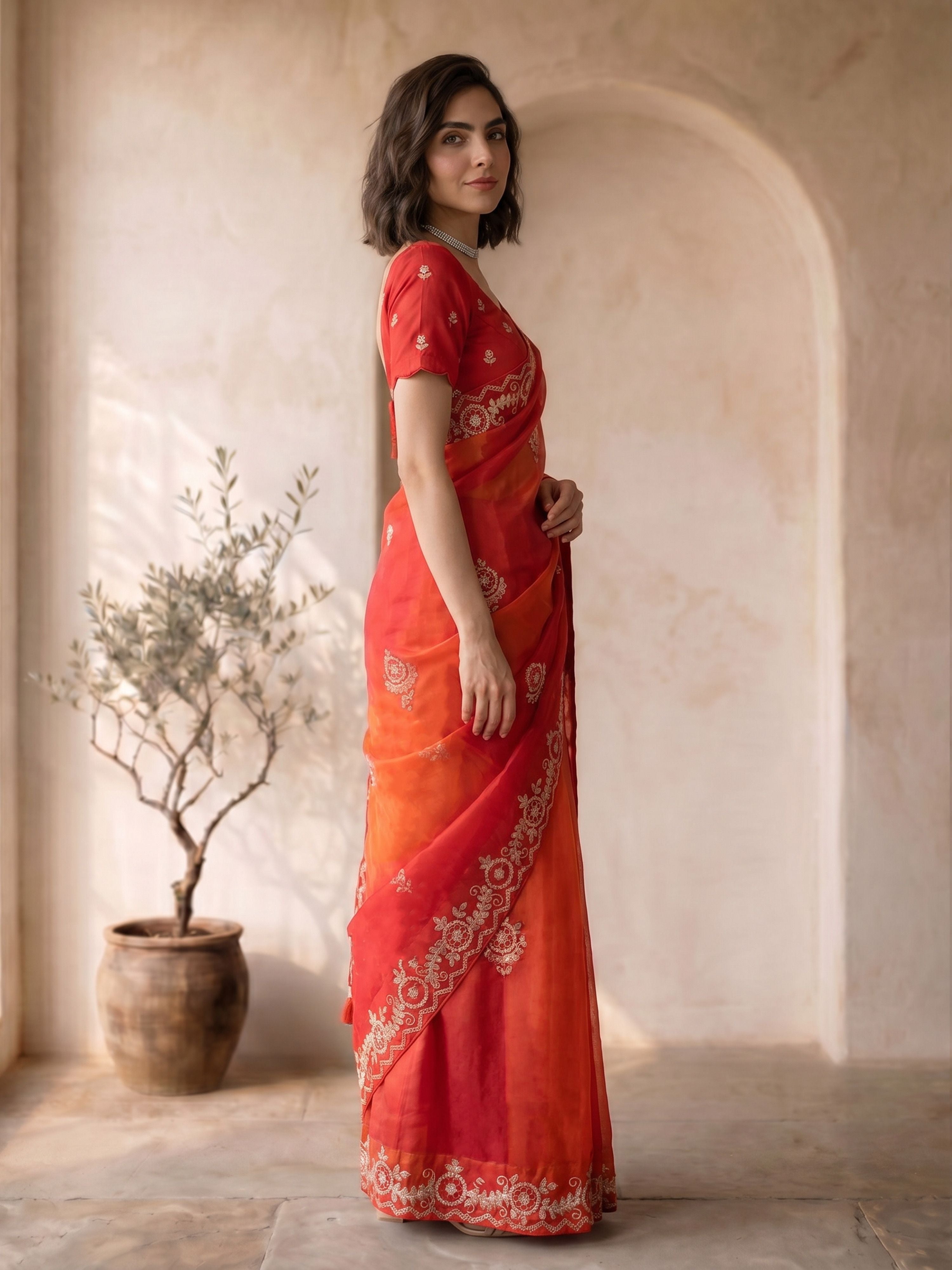 Women's Red Silk-Blend Embroidered Saree With Unstitched Blouse Piece