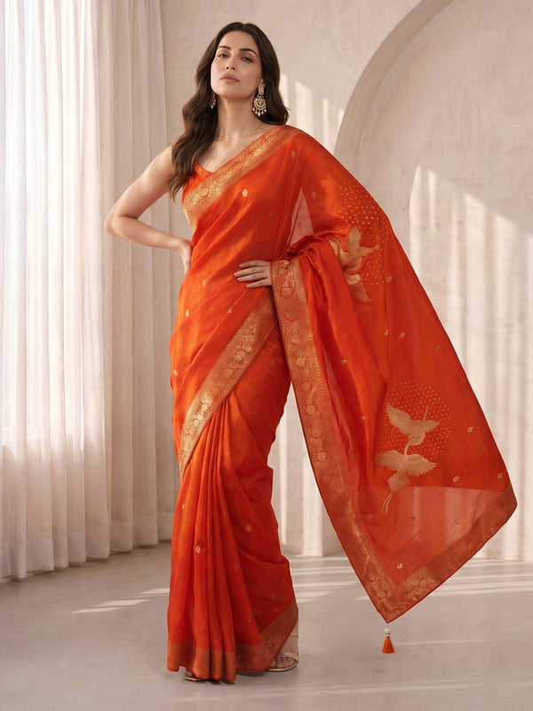 Orange Silk Blend Bandhani Saree with Gold Zari Border