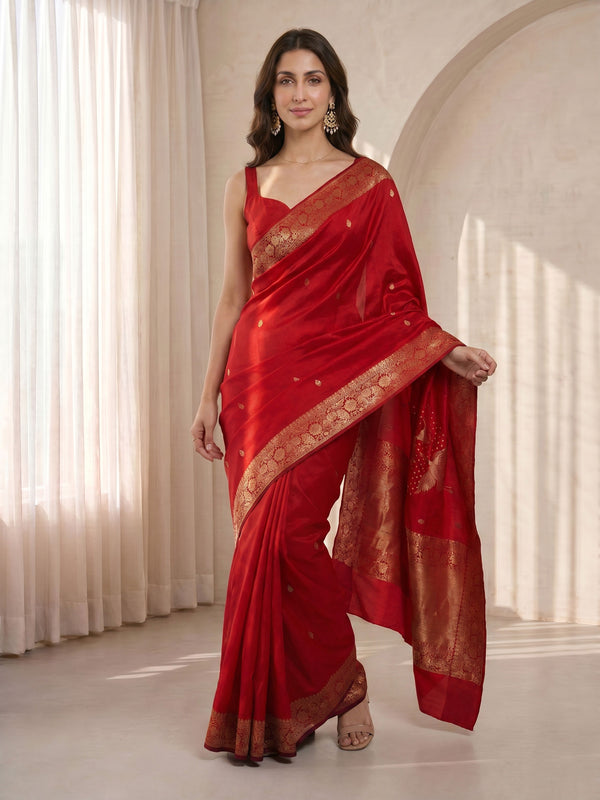 Red Silk Blend Bandhani Saree with Gold Zari Border