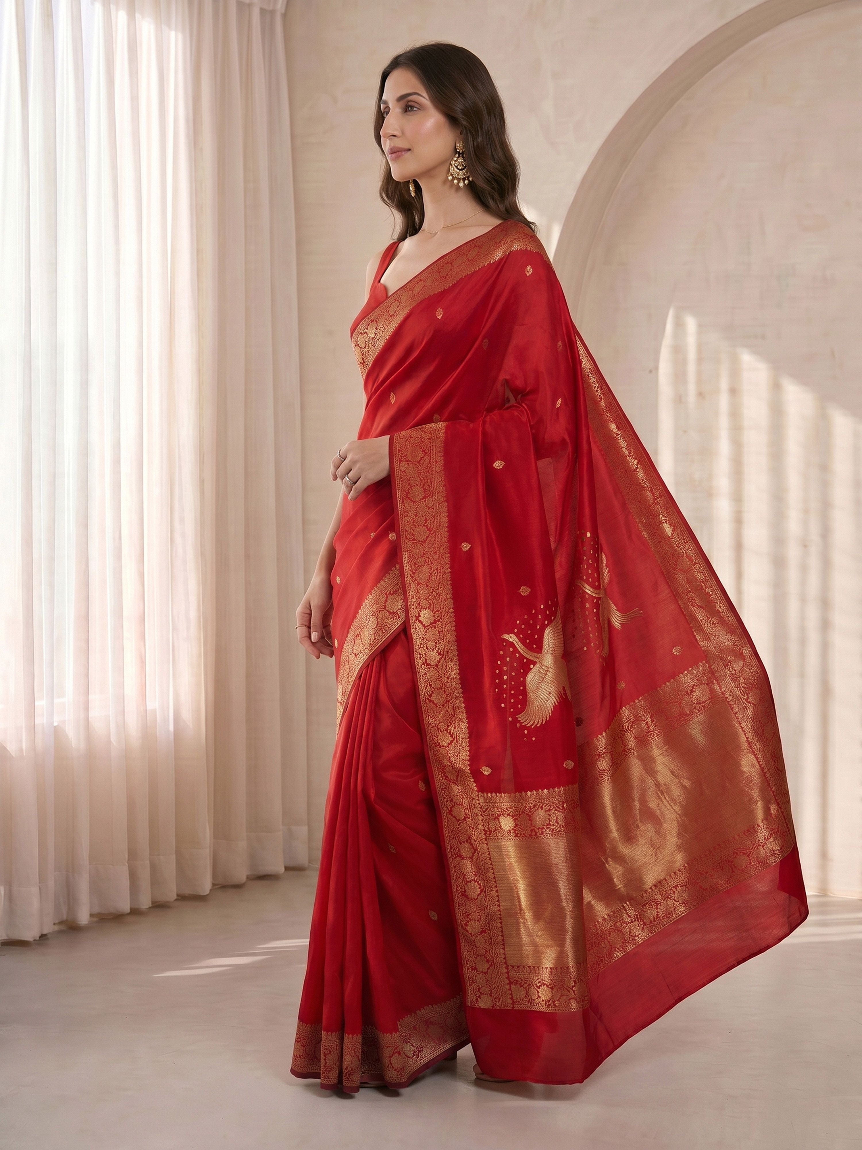 Women's Red Silk-Blend Bandhni Saree With Unstitched Blouse Piece