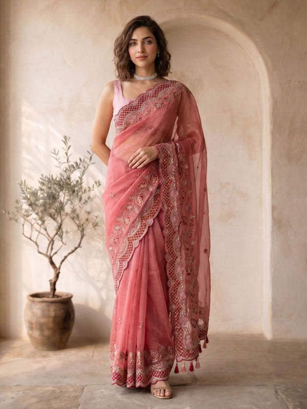 Pink Organza Saree with Zari Floral Embroidery & Tassels