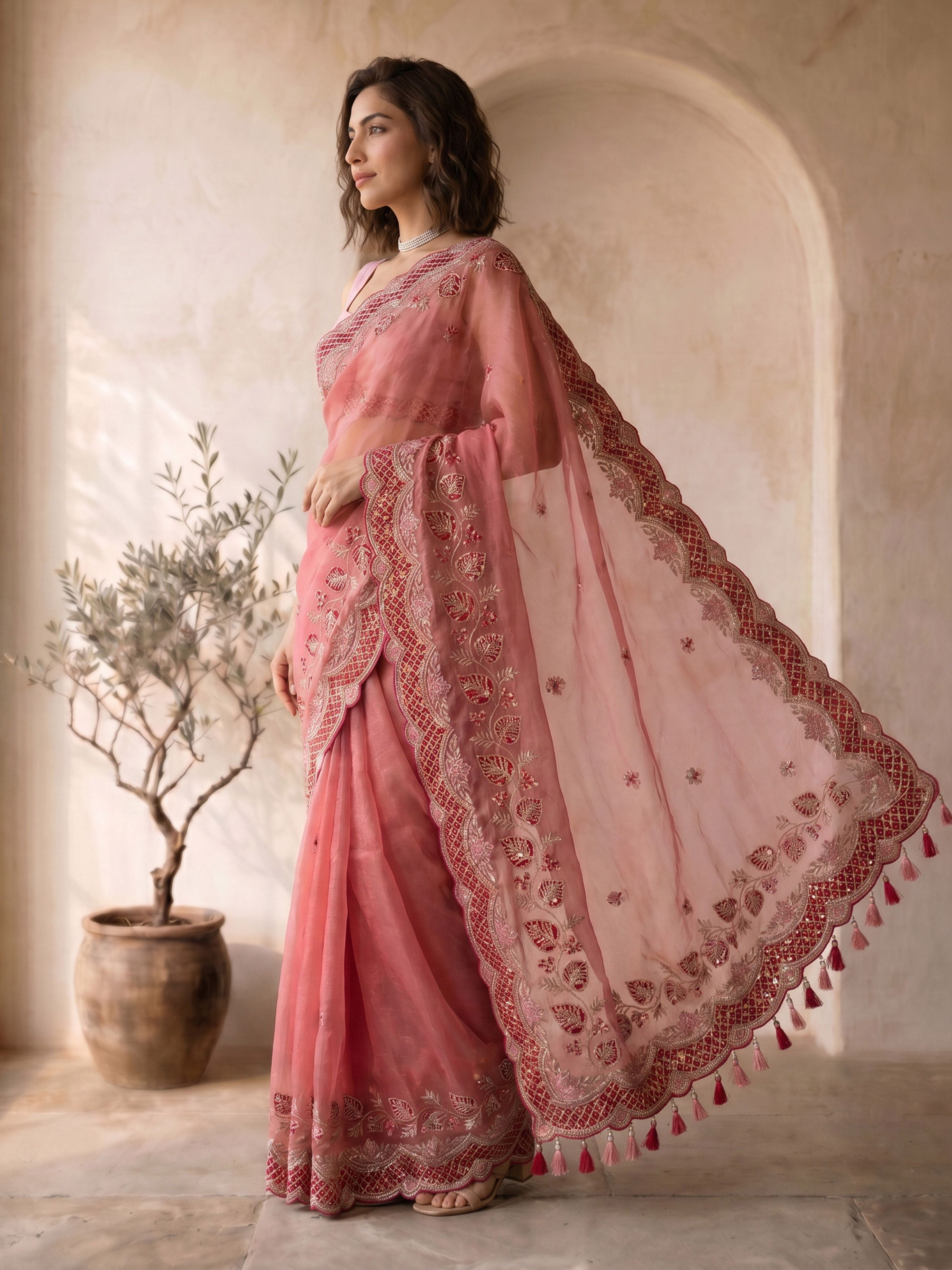 Women's Pink Organza Embroidered Saree With Unstitched Blouse Piece