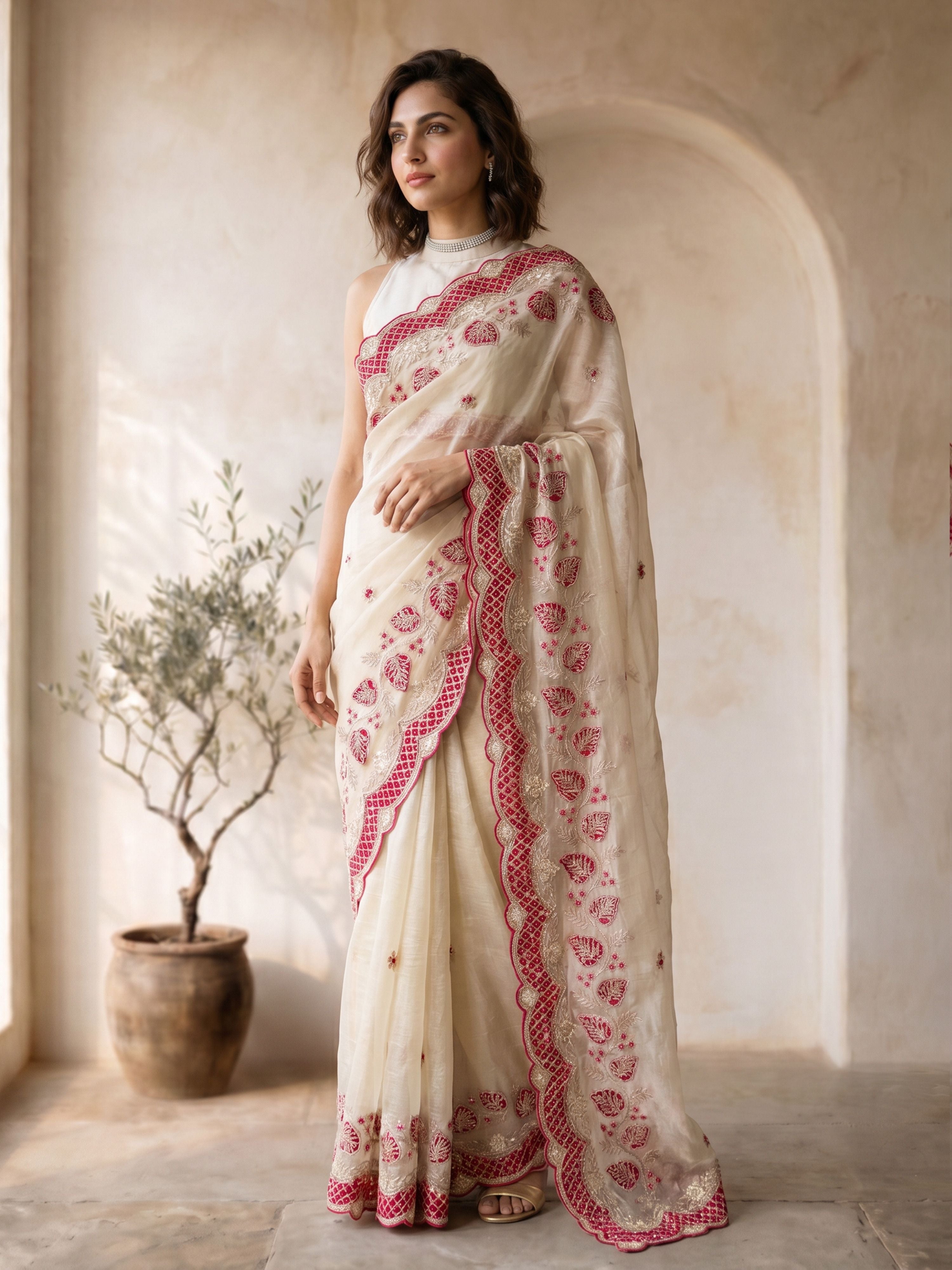 Women's White Organza Embroidered Saree With Unstitched Blouse Piece