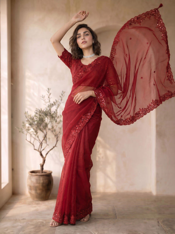 Red Organza Saree with Sequin Embroidered Border