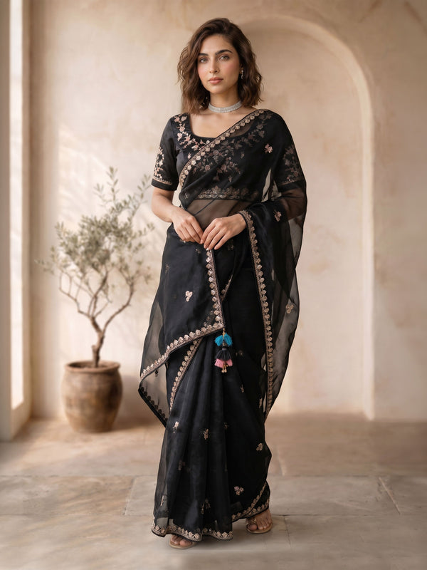 Black Organza Saree with Floral Motifs & Sequin Border