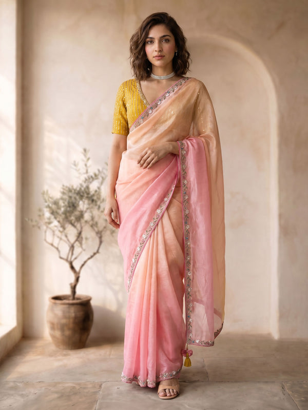 Pastel Pink Ombre Organza Saree with Embroidered Border