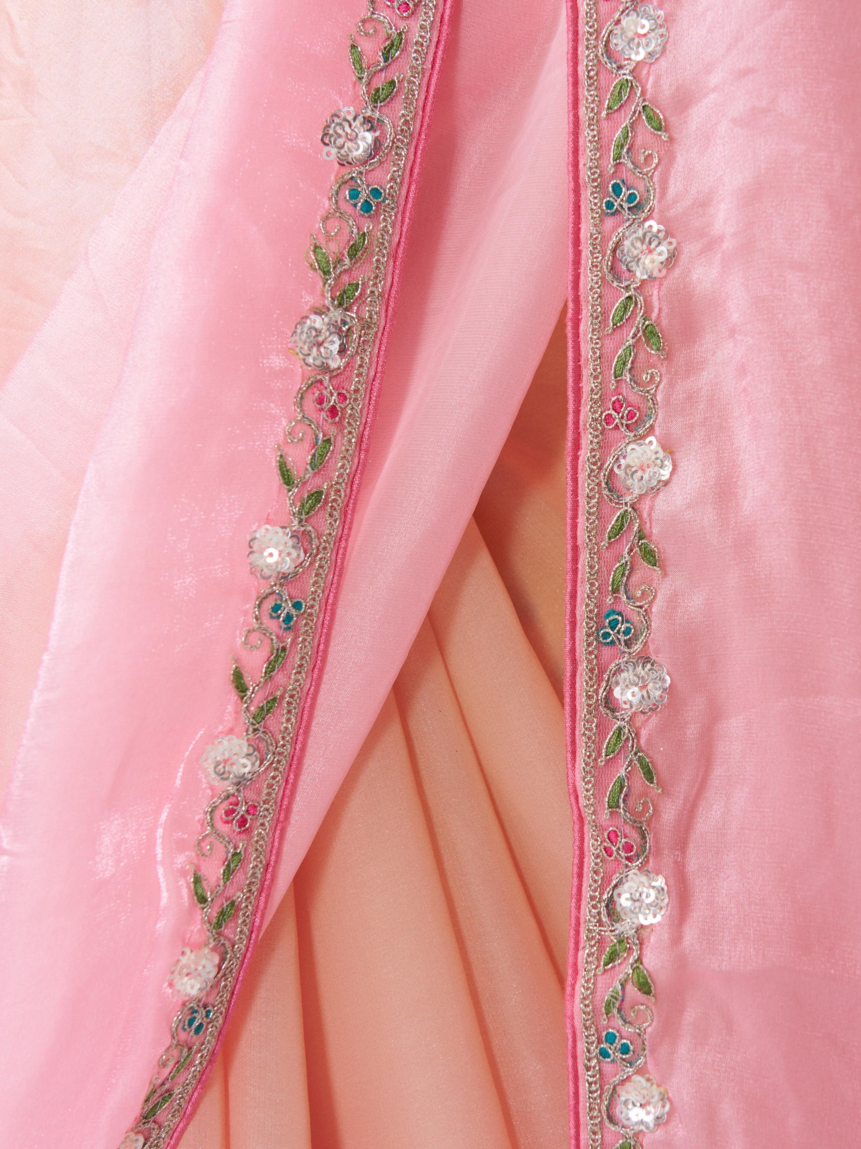 Women's Pink Organza Ethnic Motifs Saree With Unstitched Blouse Piece