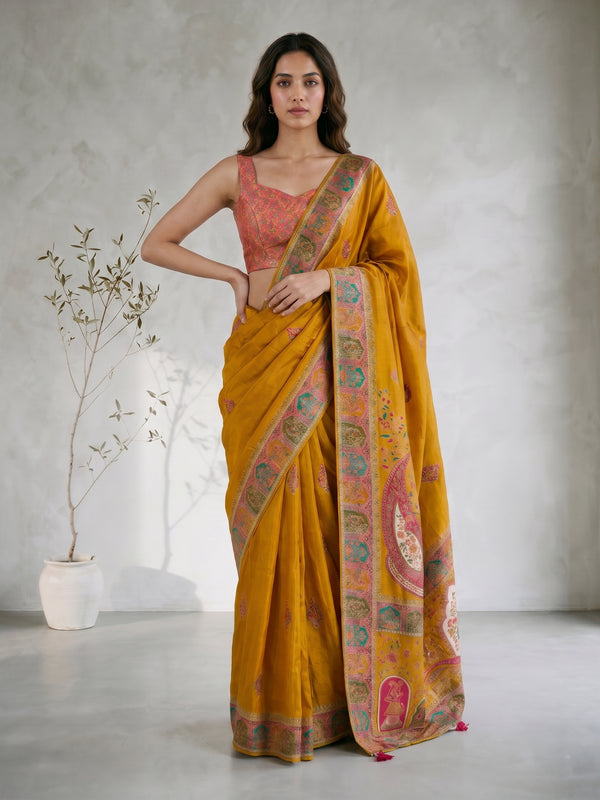 Yellow Cotton-Silk Saree with Floral Print & Tassel Pallu