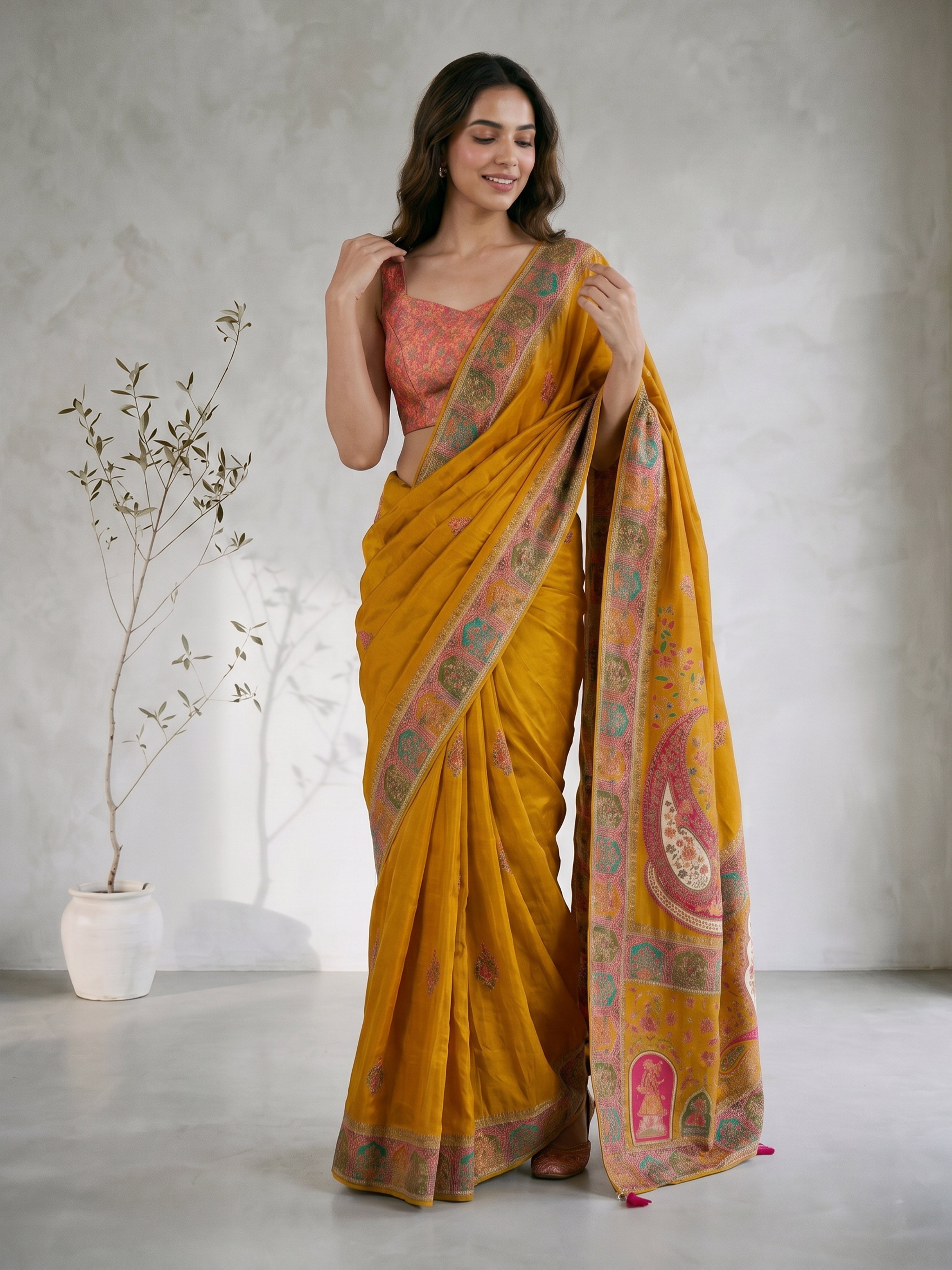 Women's Yellow Cotton-Silk Ethnic Motifs Saree With Unstitched Blouse Piece