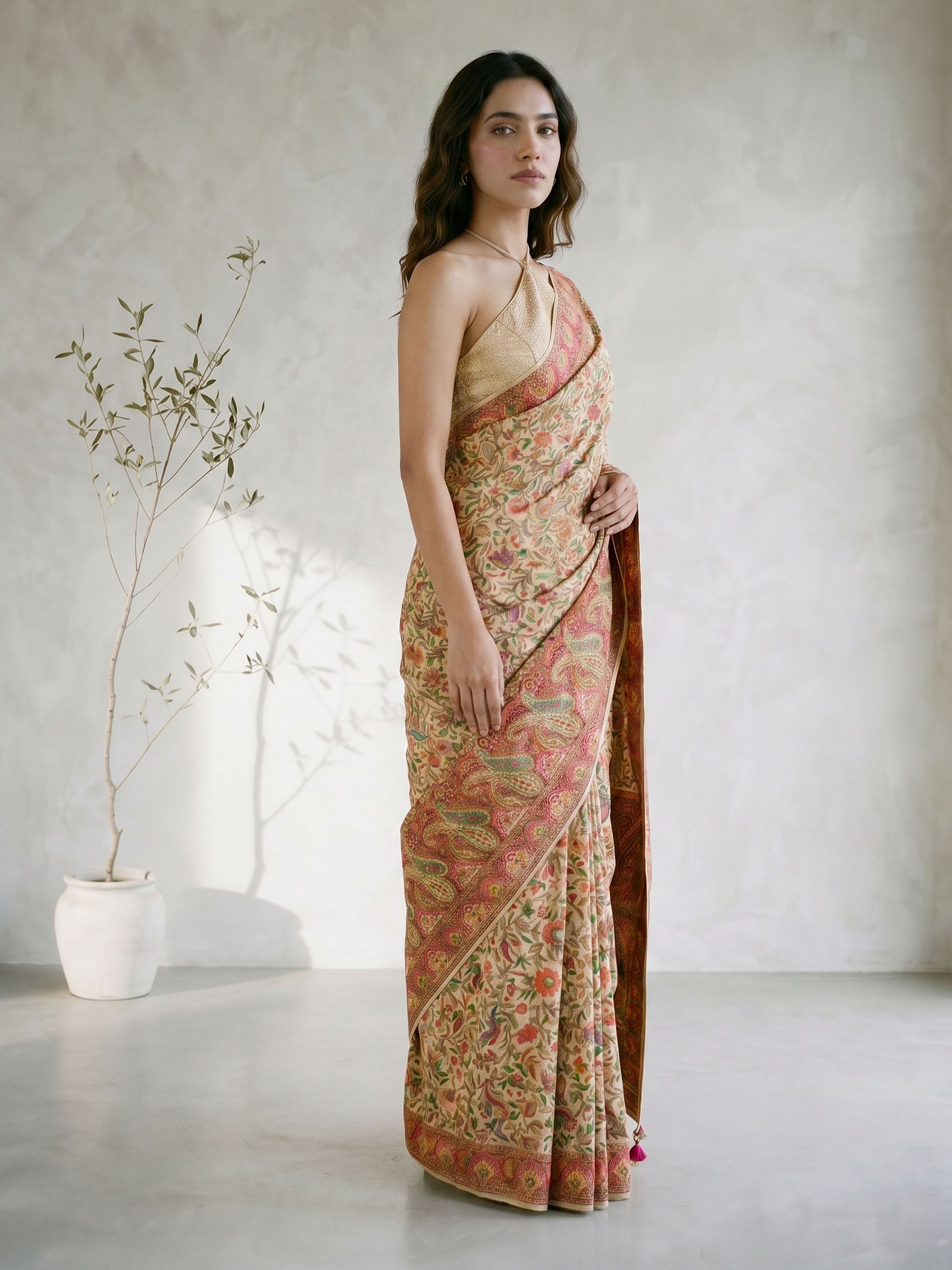 Women's Multicolor Cotton-Silk Floral Print Saree With Unstitched Blouse Piece