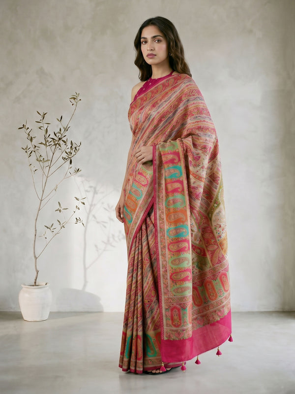 Multicolor Poly Silk Printed Saree with Pink Border