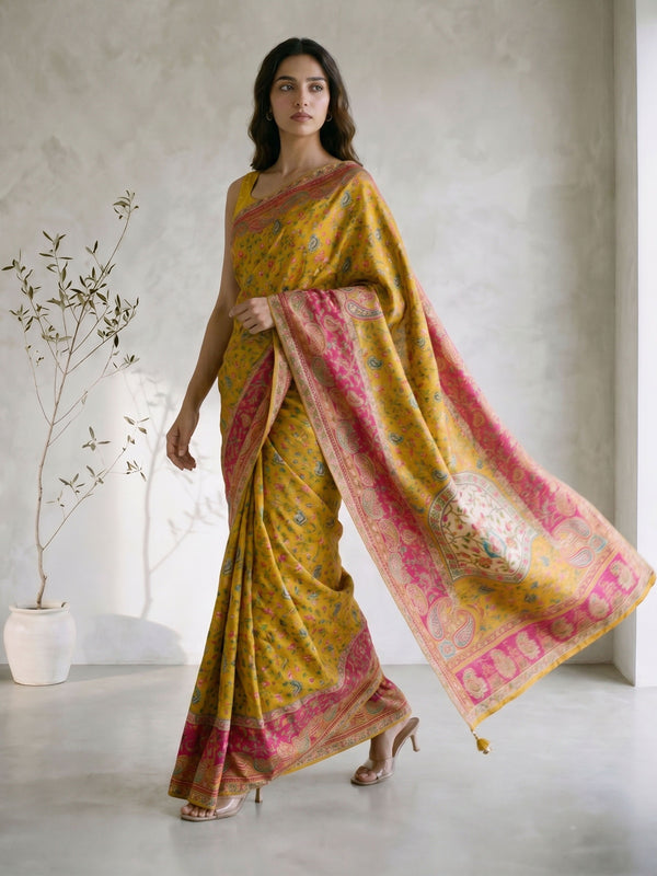 Yellow Poly Silk Floral Print Saree with Pink Border