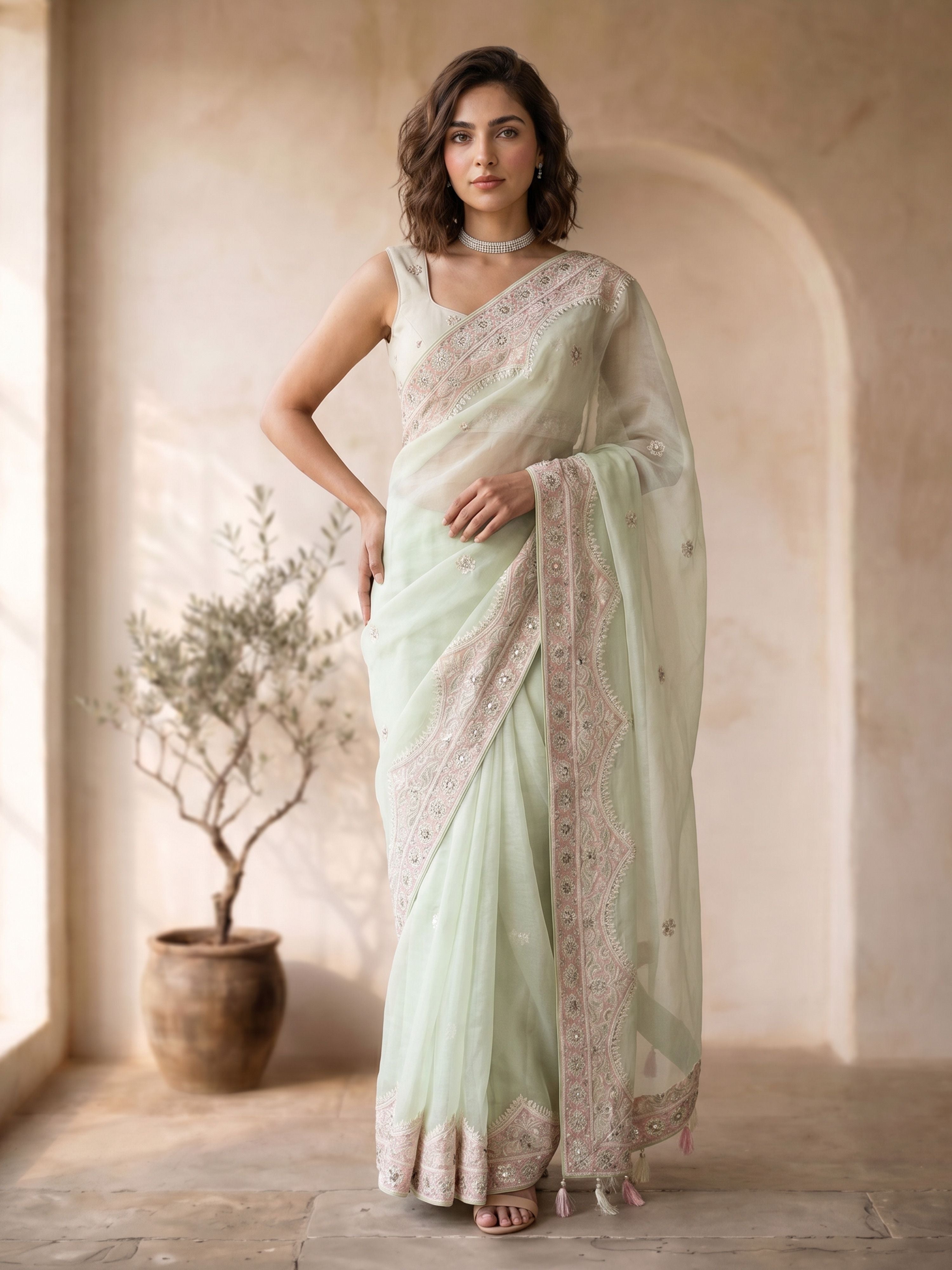 Pastel Green Georgette Embroidered Sequin Saree