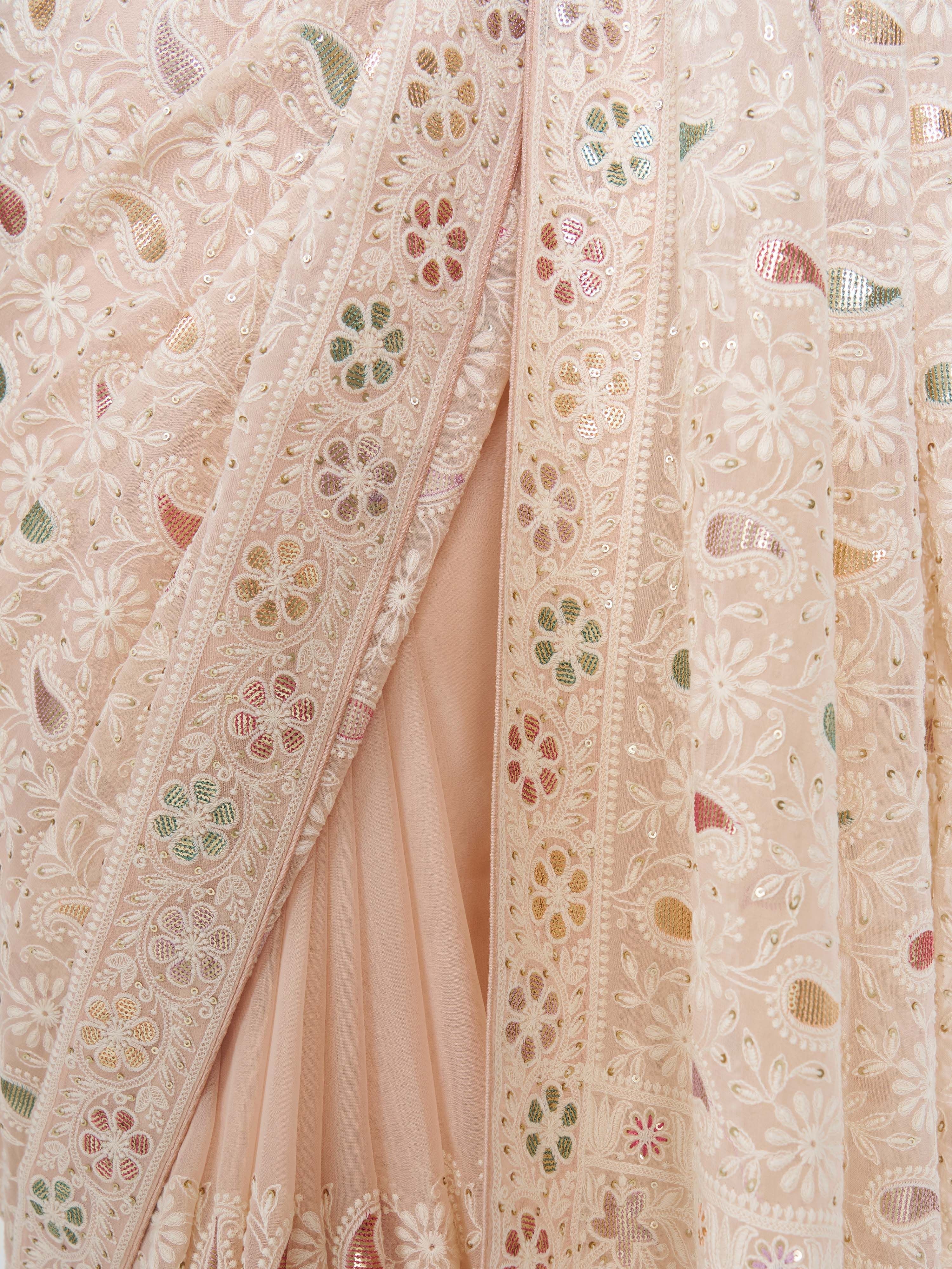 Women's Peach Georgette Embroidered Saree With Unstitched Blouse Piece