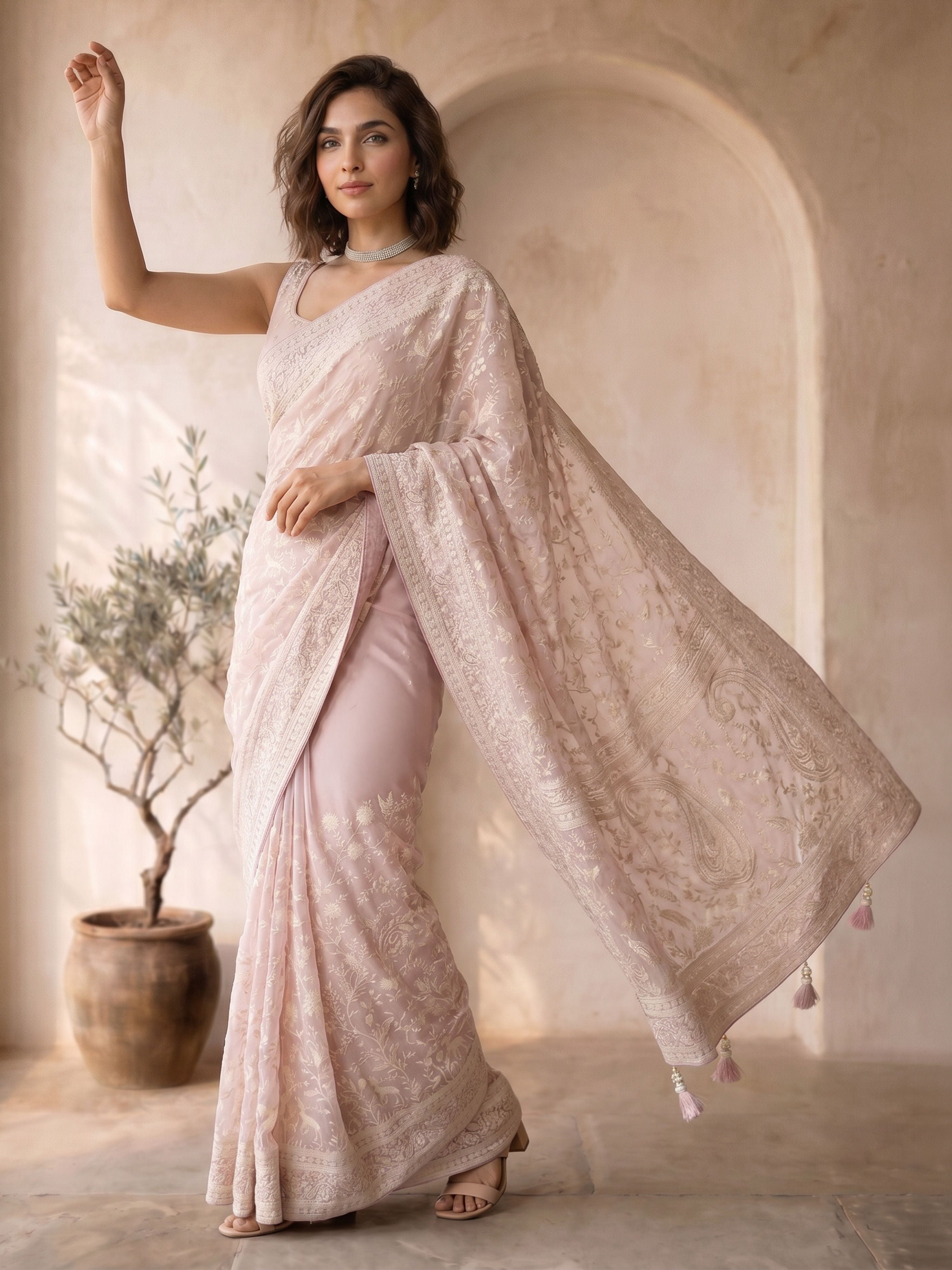 Women's Pink Georgette Embroidered Saree With Unstitched Blouse Piece