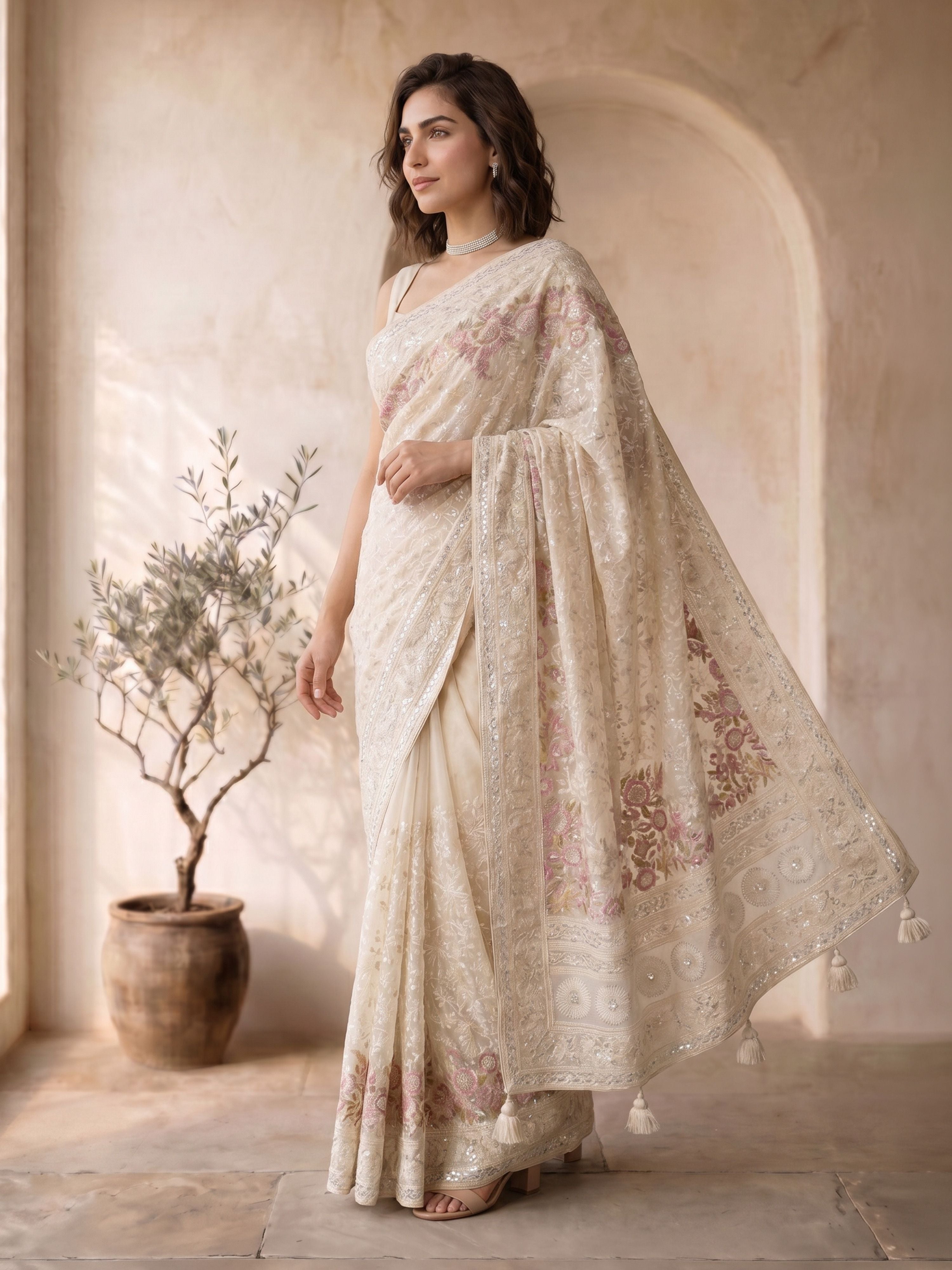 Cream Georgette Embroidered Saree with Sequins & Tassels
