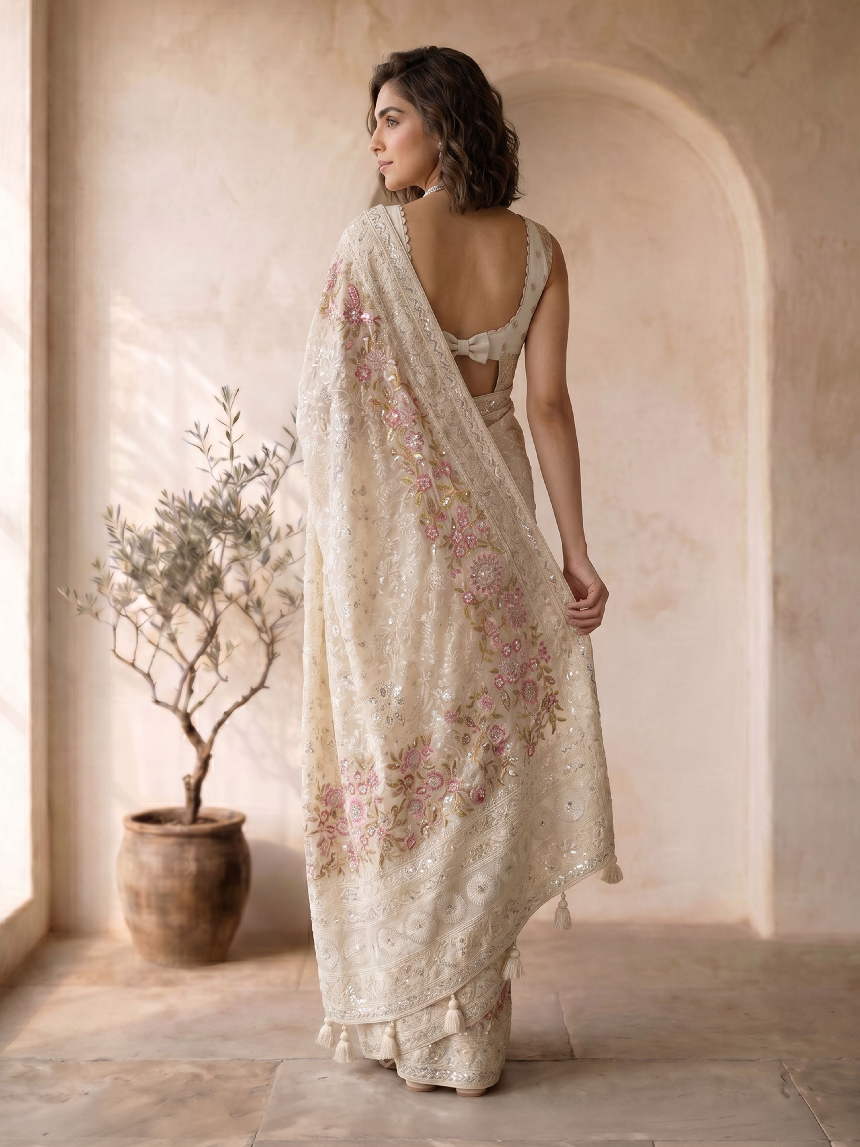 Women's Cream Georgette Embroidered Saree With Unstitched Blouse Piece
