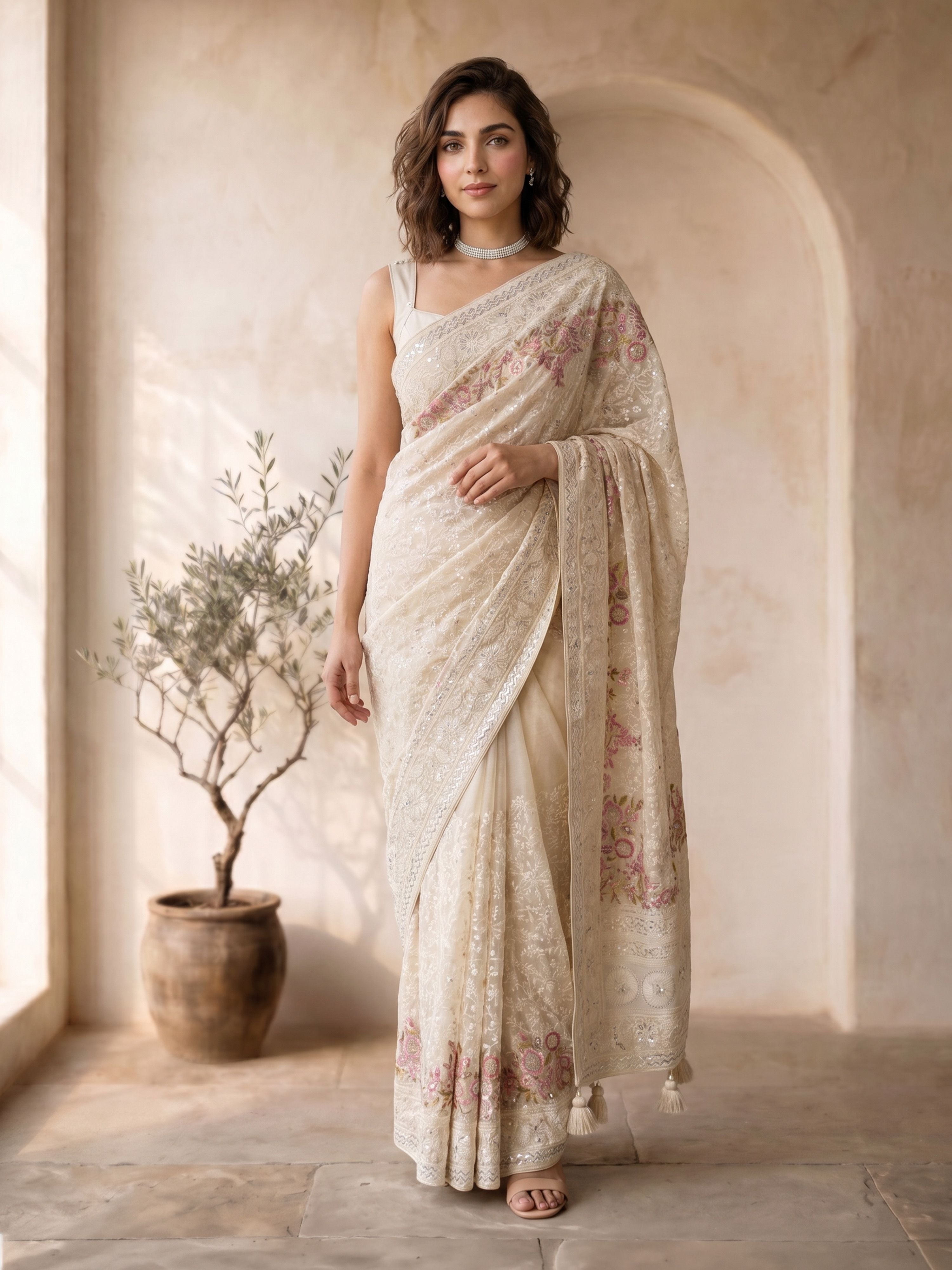 Women's Cream Georgette Embroidered Saree With Unstitched Blouse Piece
