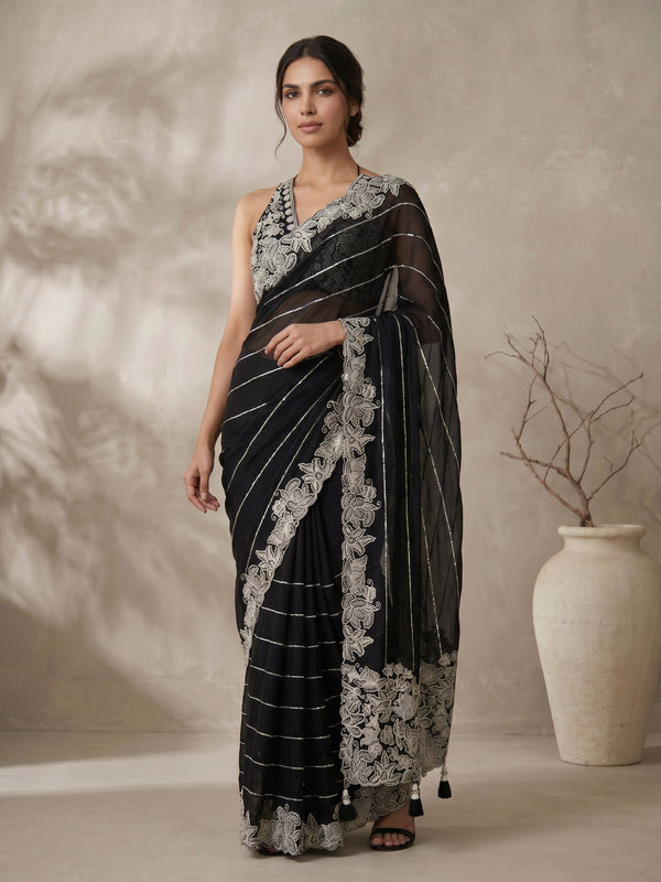 Black Poly Silk Embroidered Saree with Ready Blouse