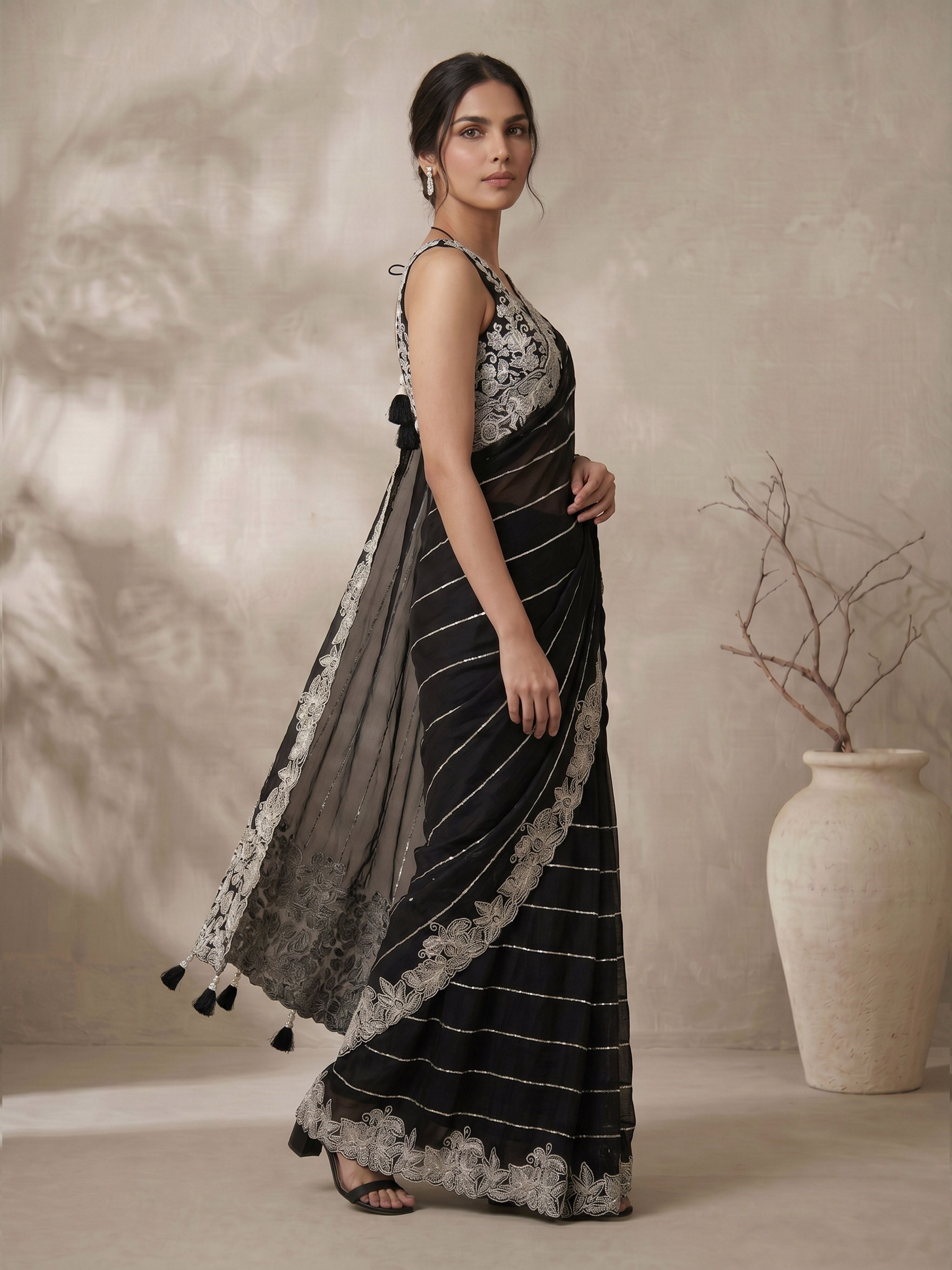 Women's Black Synthetic Embroidered Saree With Ready Blouse