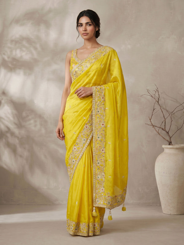 Yellow Poly Silk Embroidered Saree with Ready Blouse