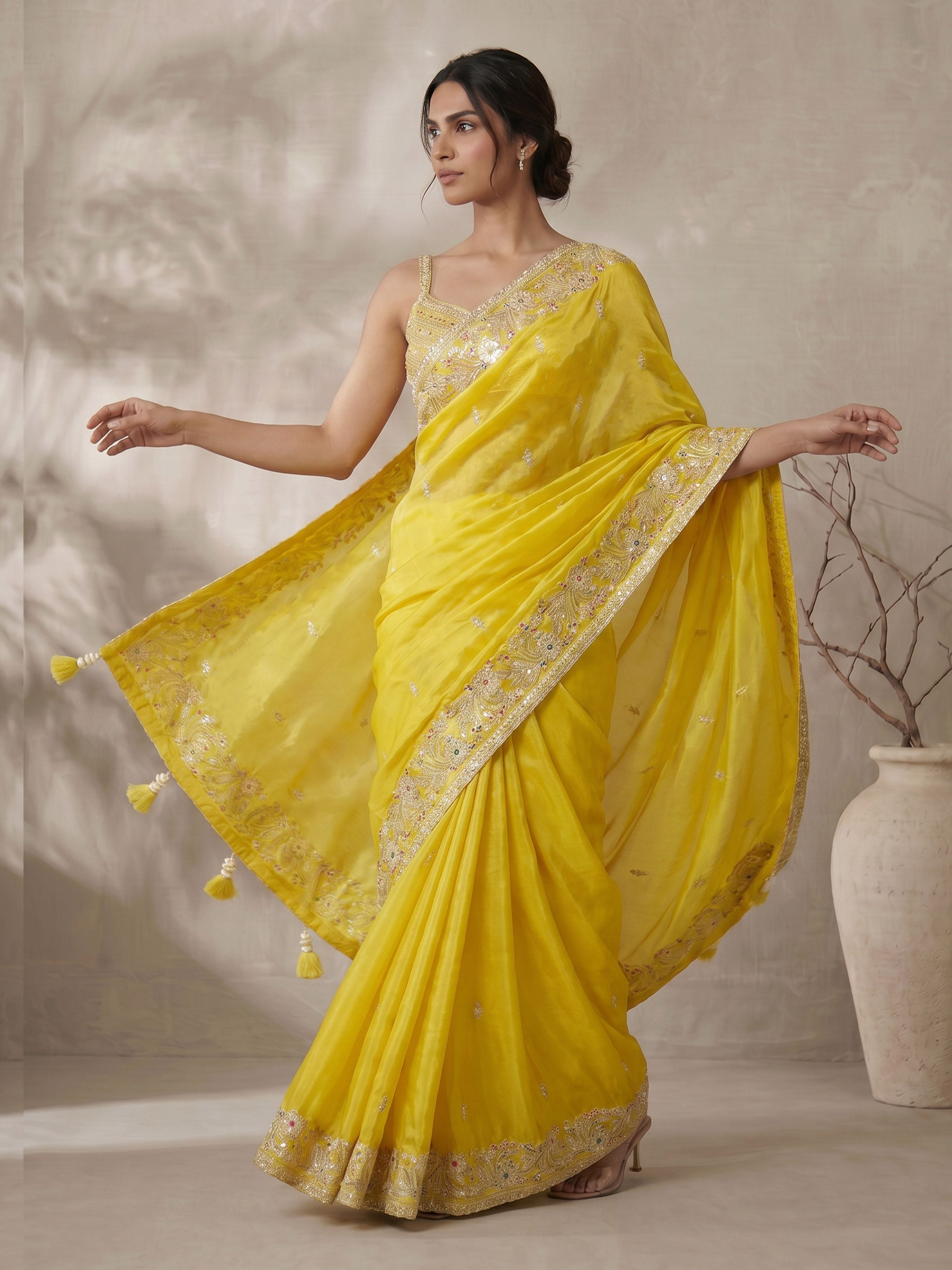 Women's Yellow Art Silk Embroidered Saree With Ready Blouse