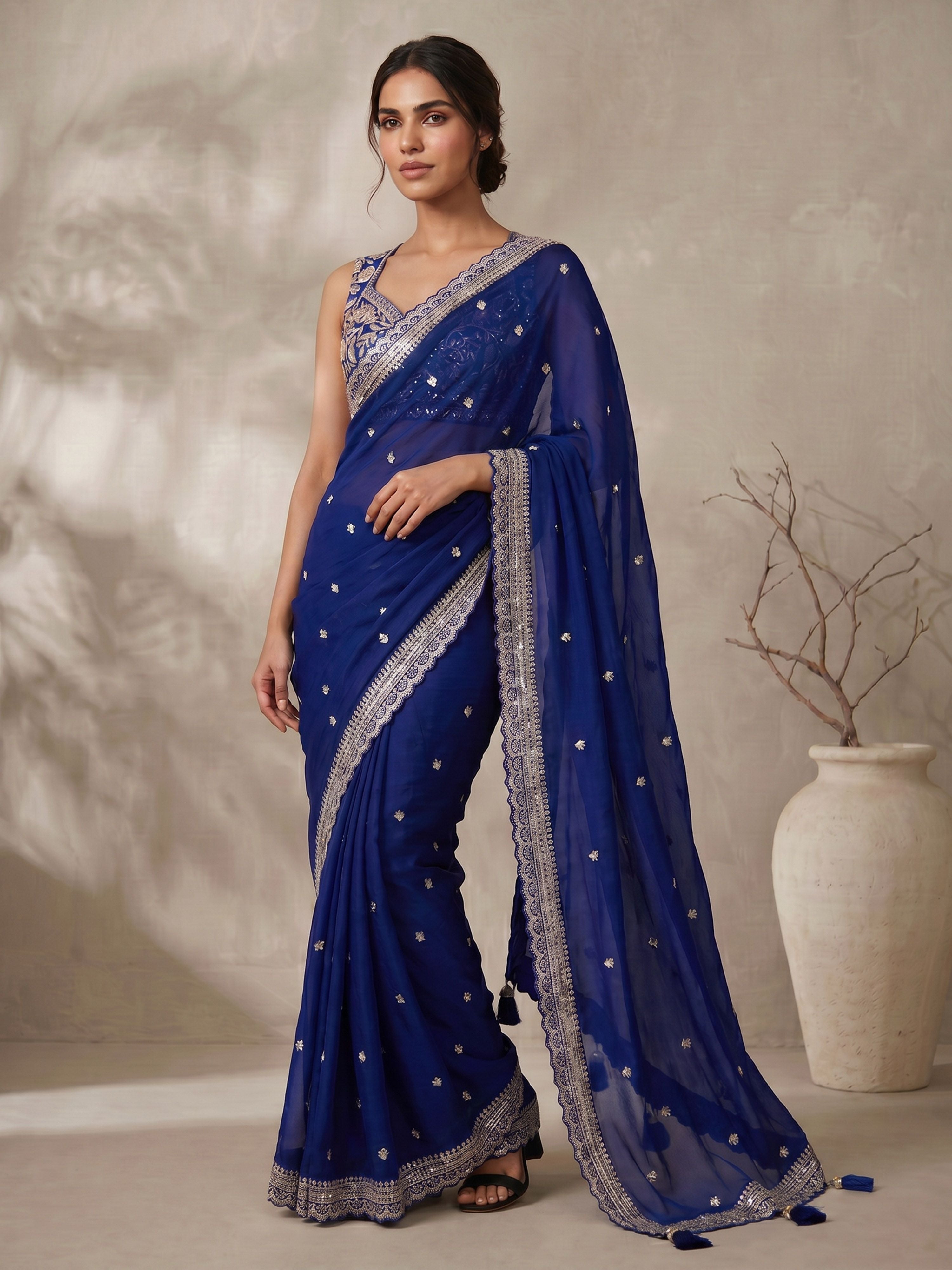 Dark Blue Poly Silk Saree with Sequin Border & Blouse