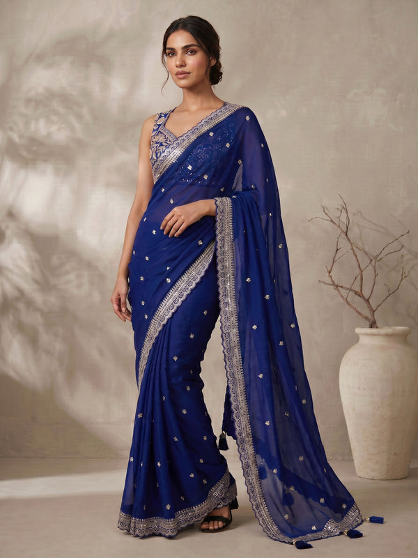 Dark Blue Poly Silk Saree with Sequin Border & Blouse
