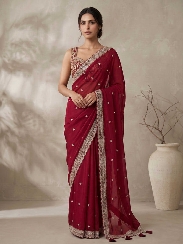 Maroon Poly Chiffon Saree with Zari Embroidered Border