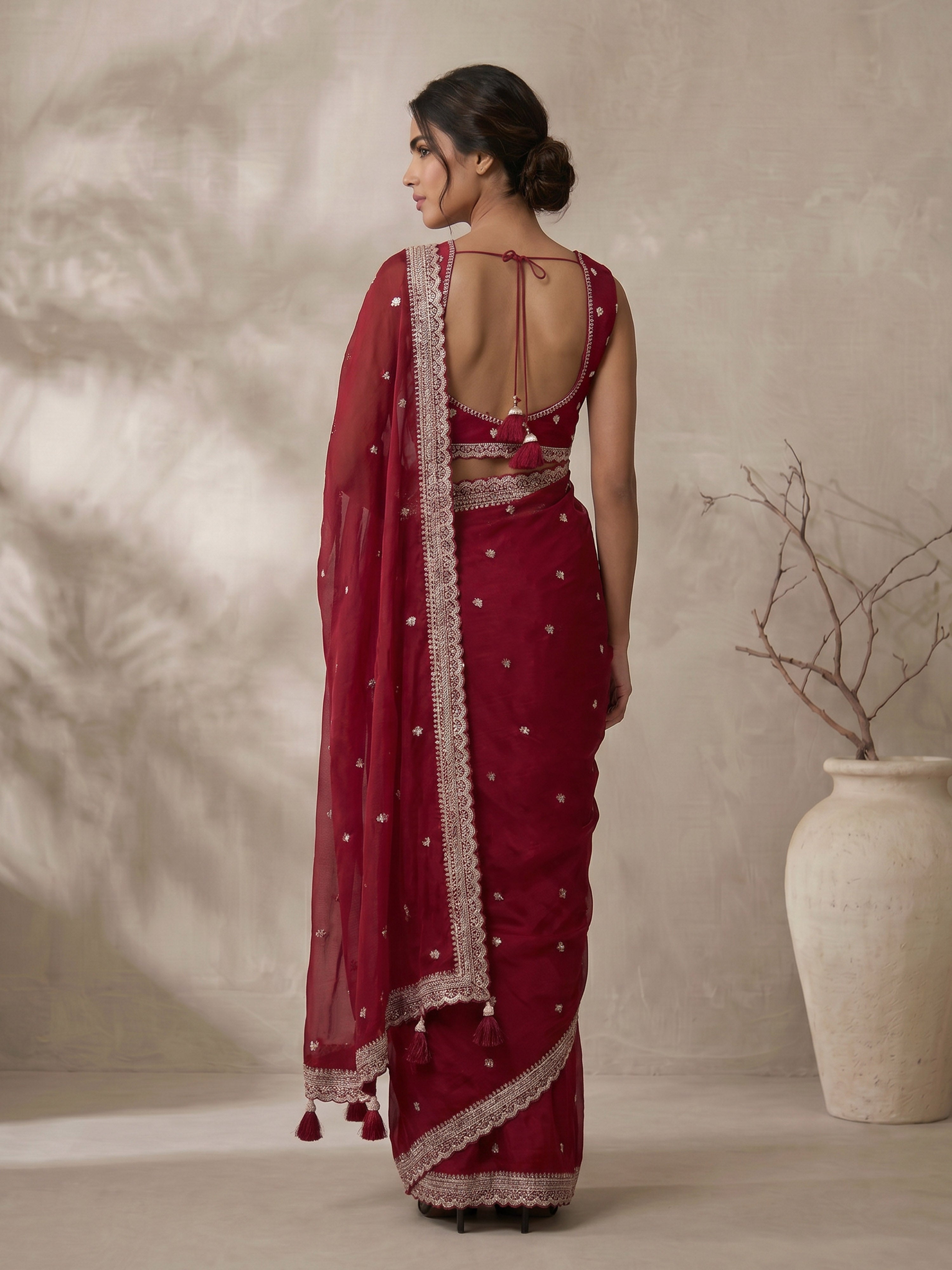 Women's Maroon Chiffon Ethnic Motifs Saree with Ready Blouse