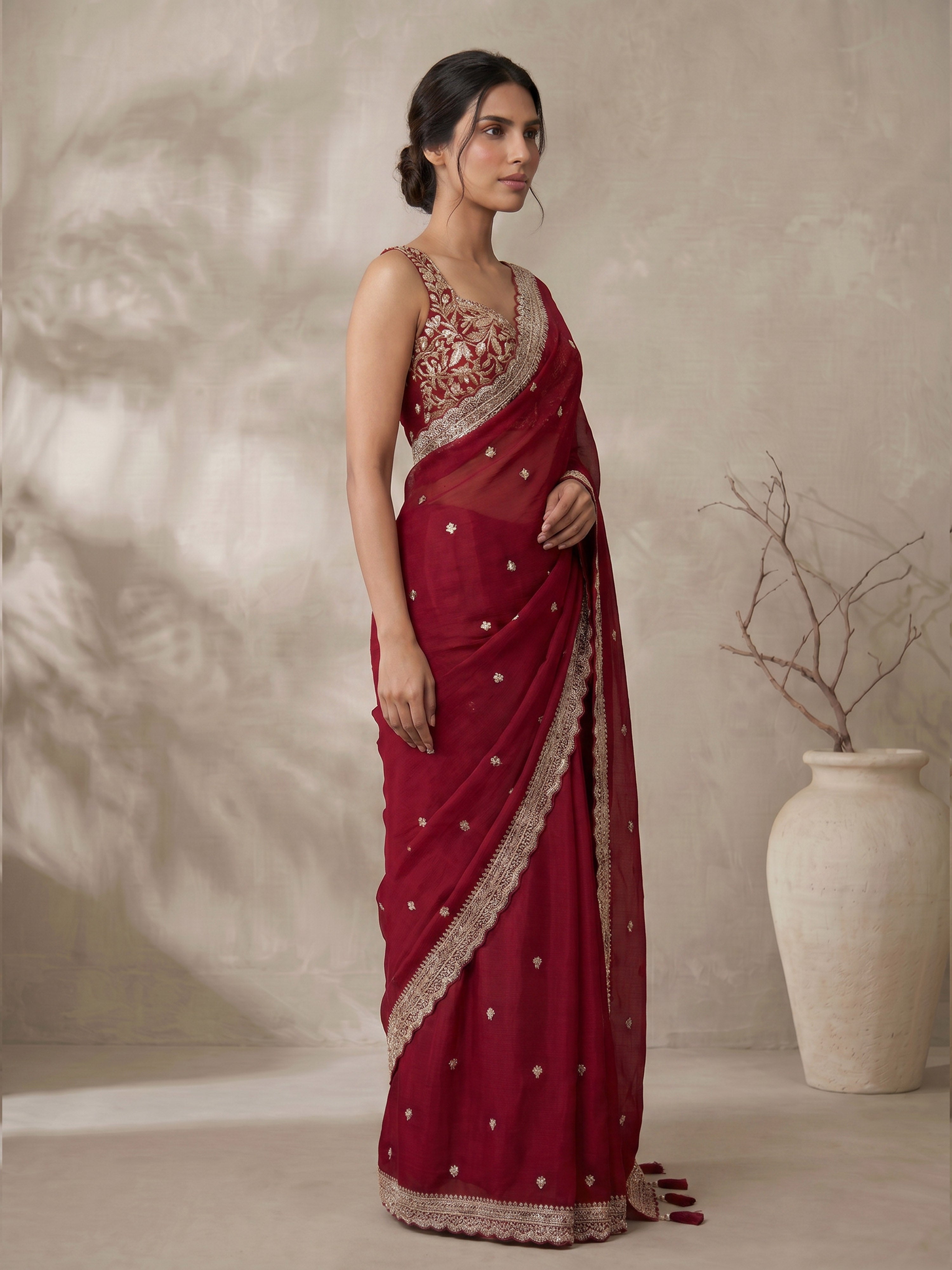 Women's Maroon Chiffon Ethnic Motifs Saree with Ready Blouse