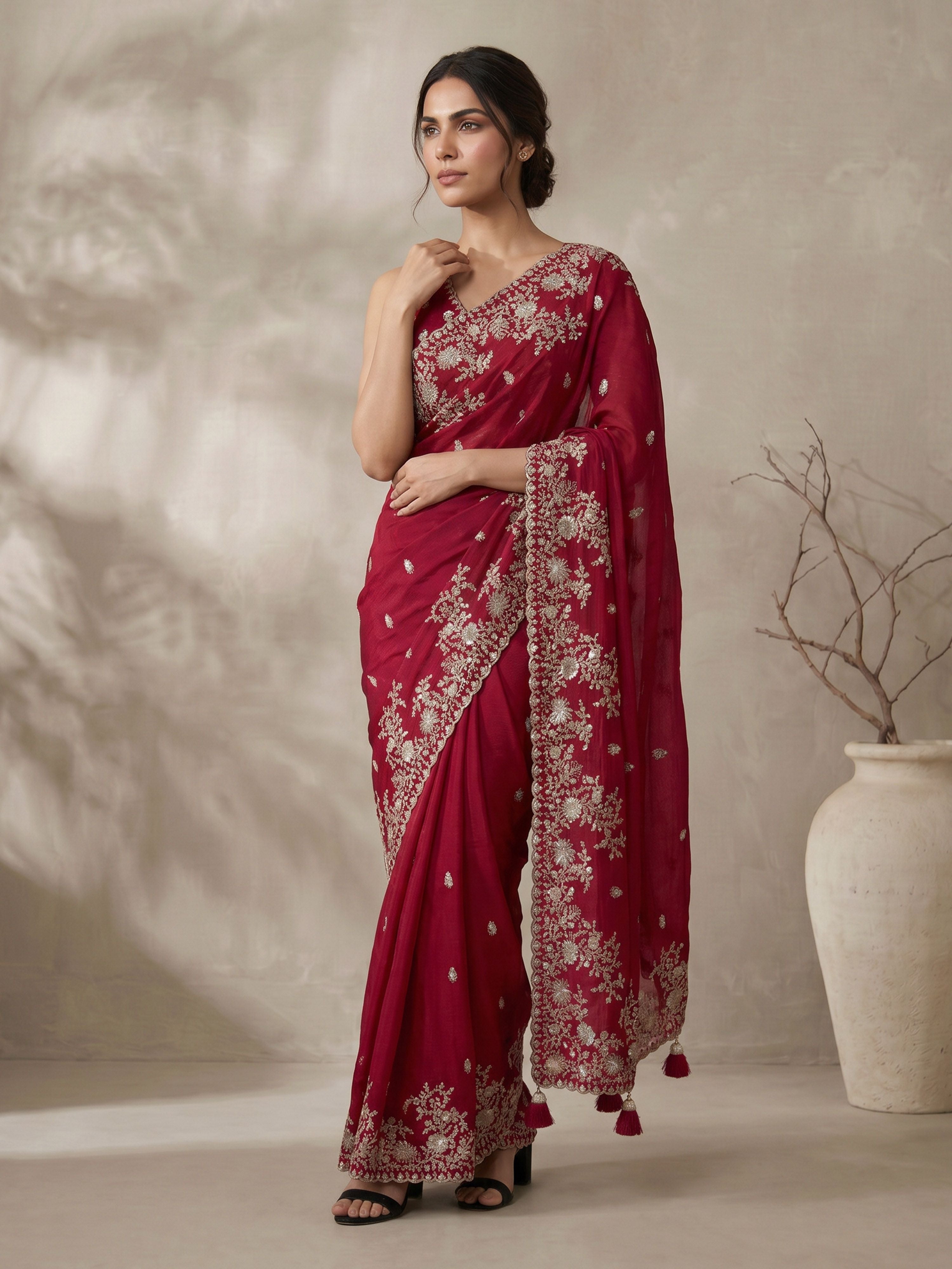 Maroon Poly Silk Embroidered Saree with Ready Blouse