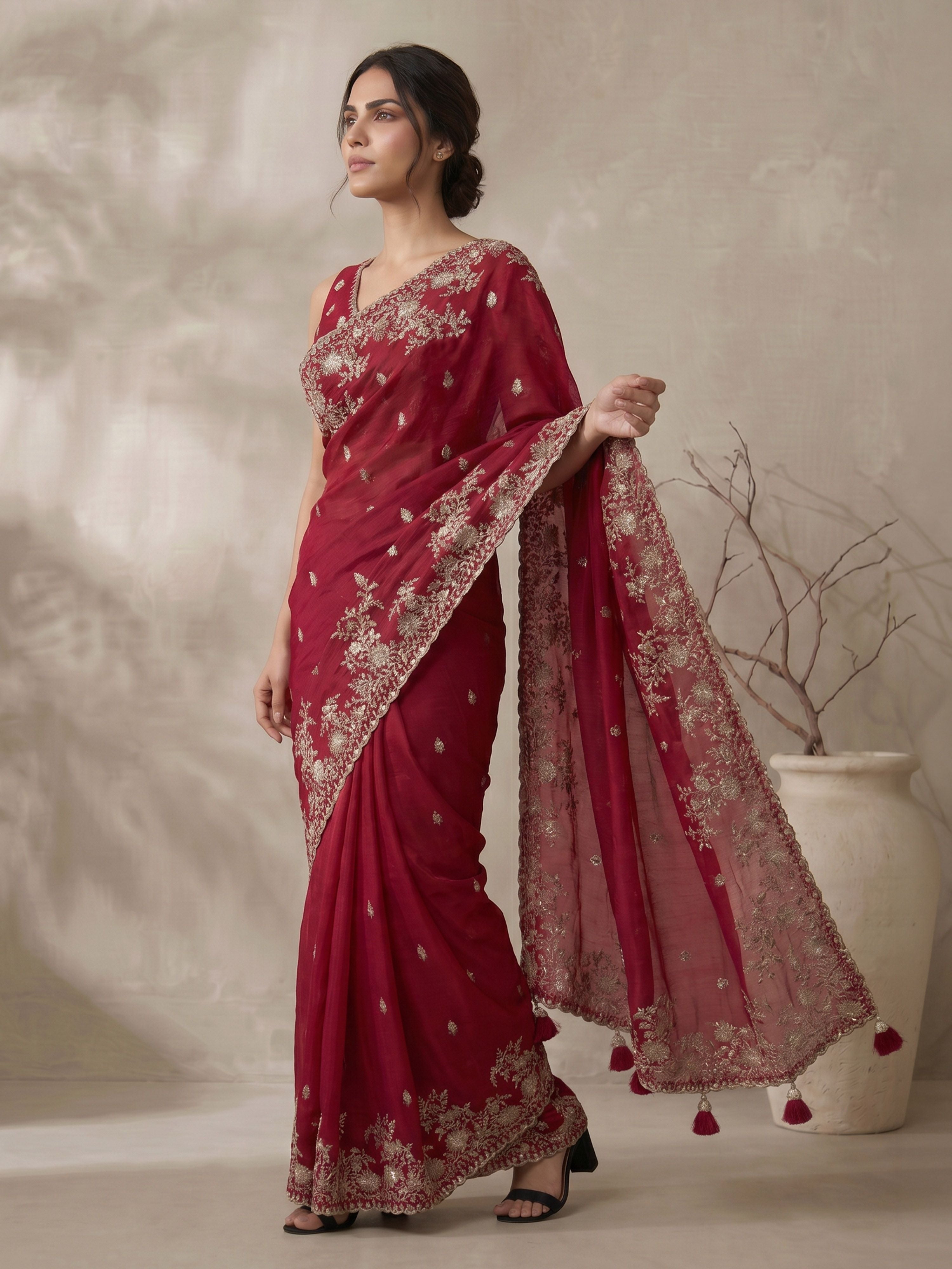 Women's Maroon Synthetic Embroidered Saree With Ready Blouse