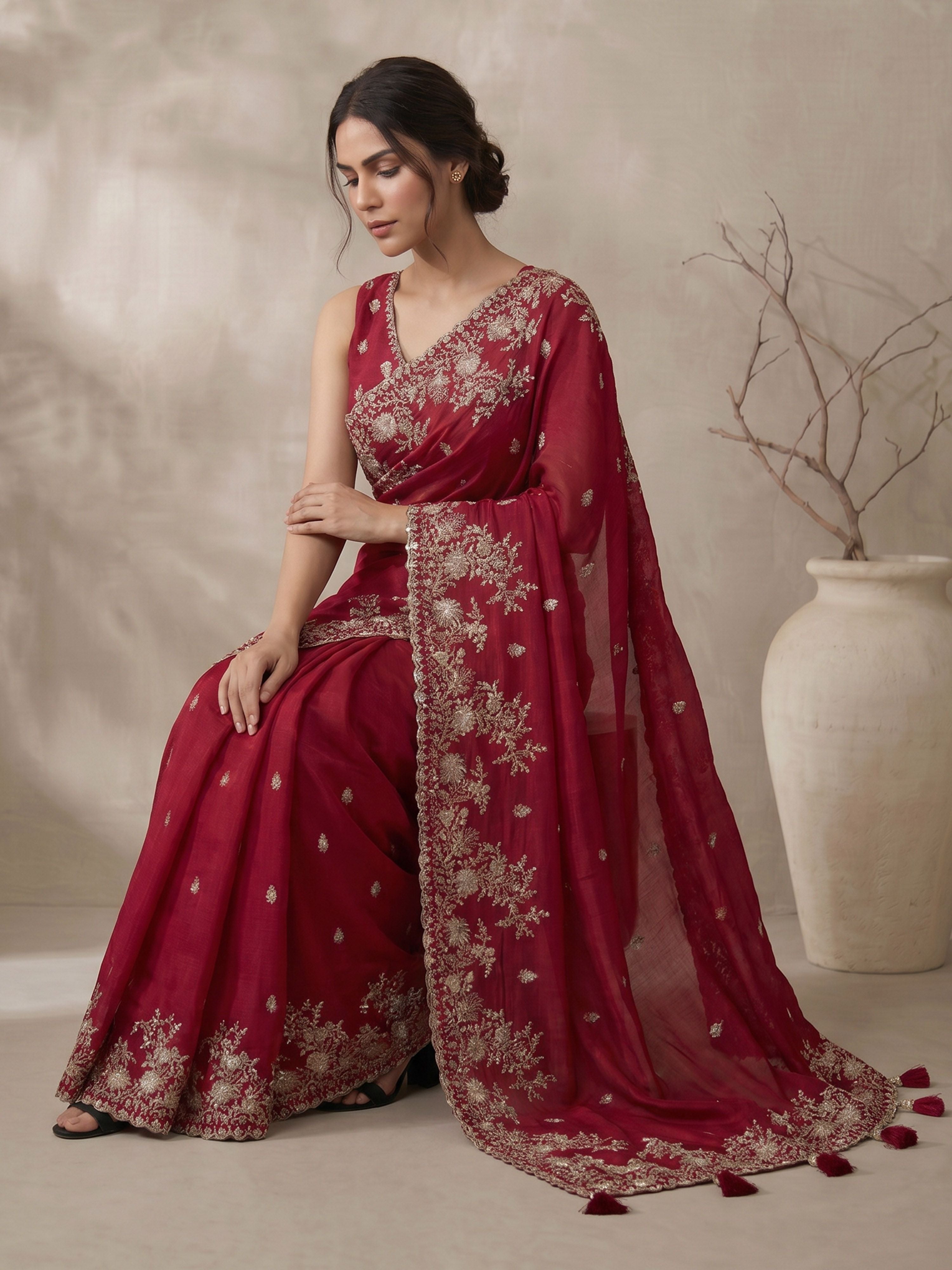Women's Maroon Synthetic Embroidered Saree With Ready Blouse