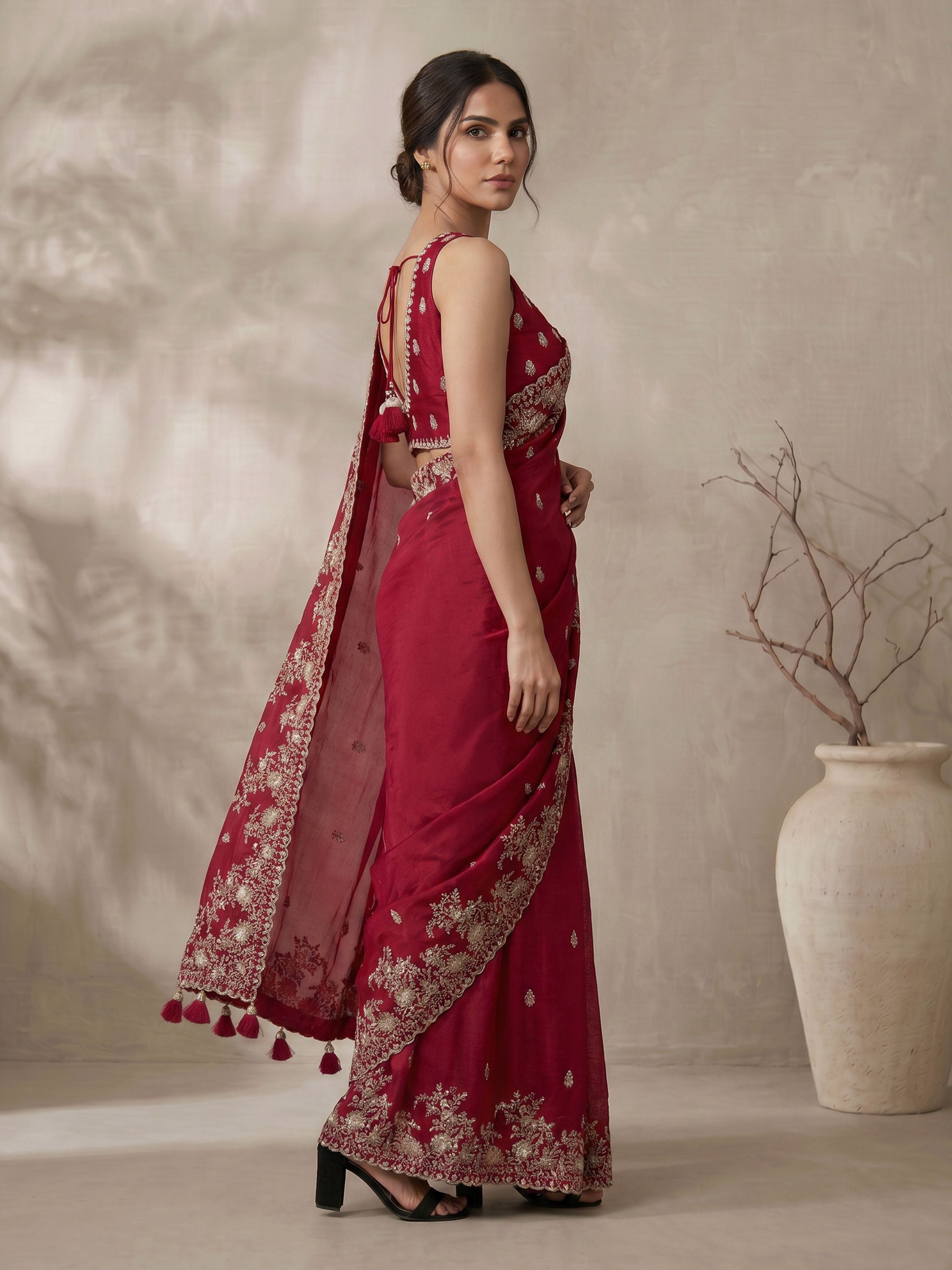 Women's Maroon Synthetic Embroidered Saree With Ready Blouse