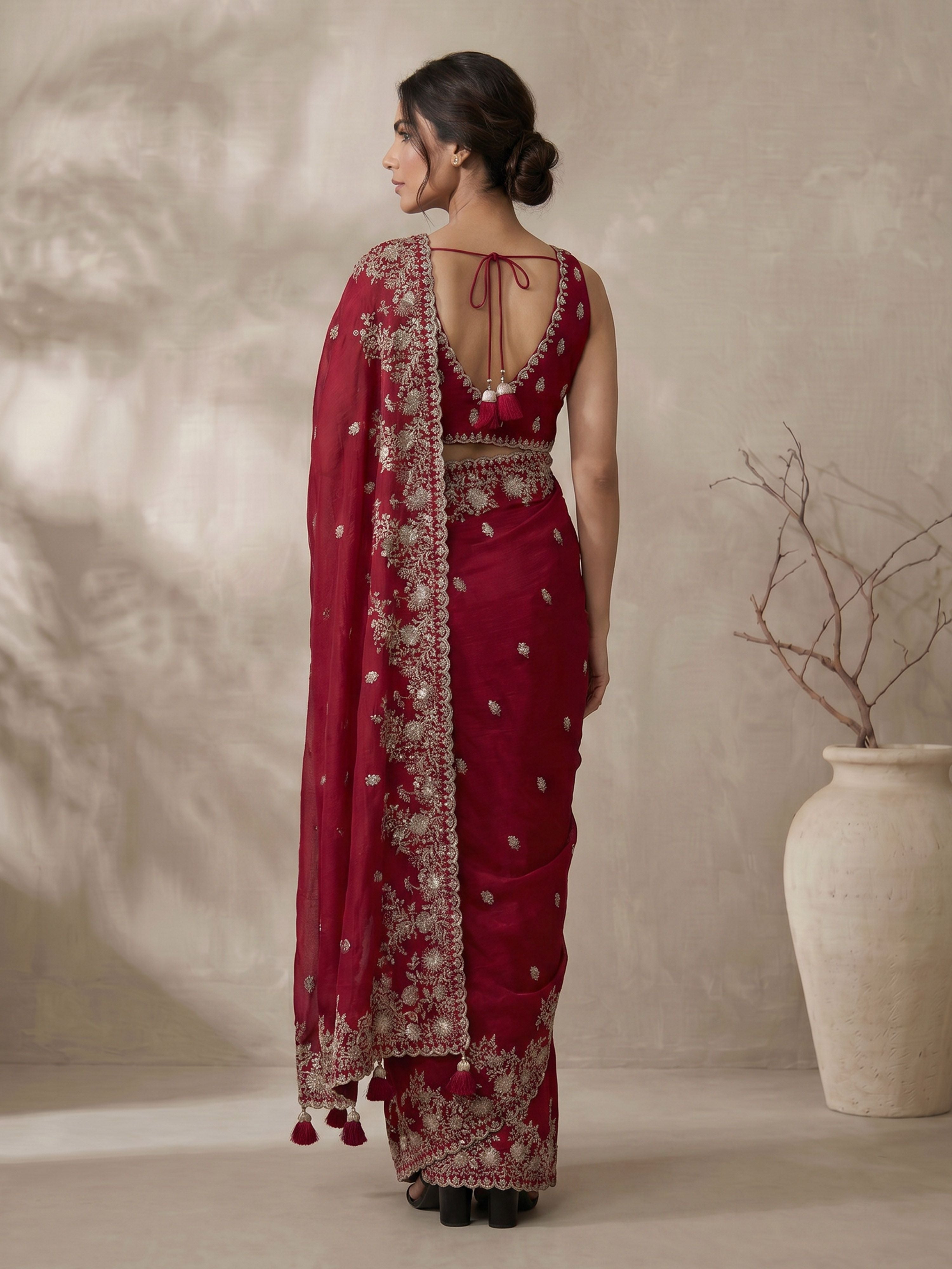 Women's Maroon Synthetic Embroidered Saree With Ready Blouse